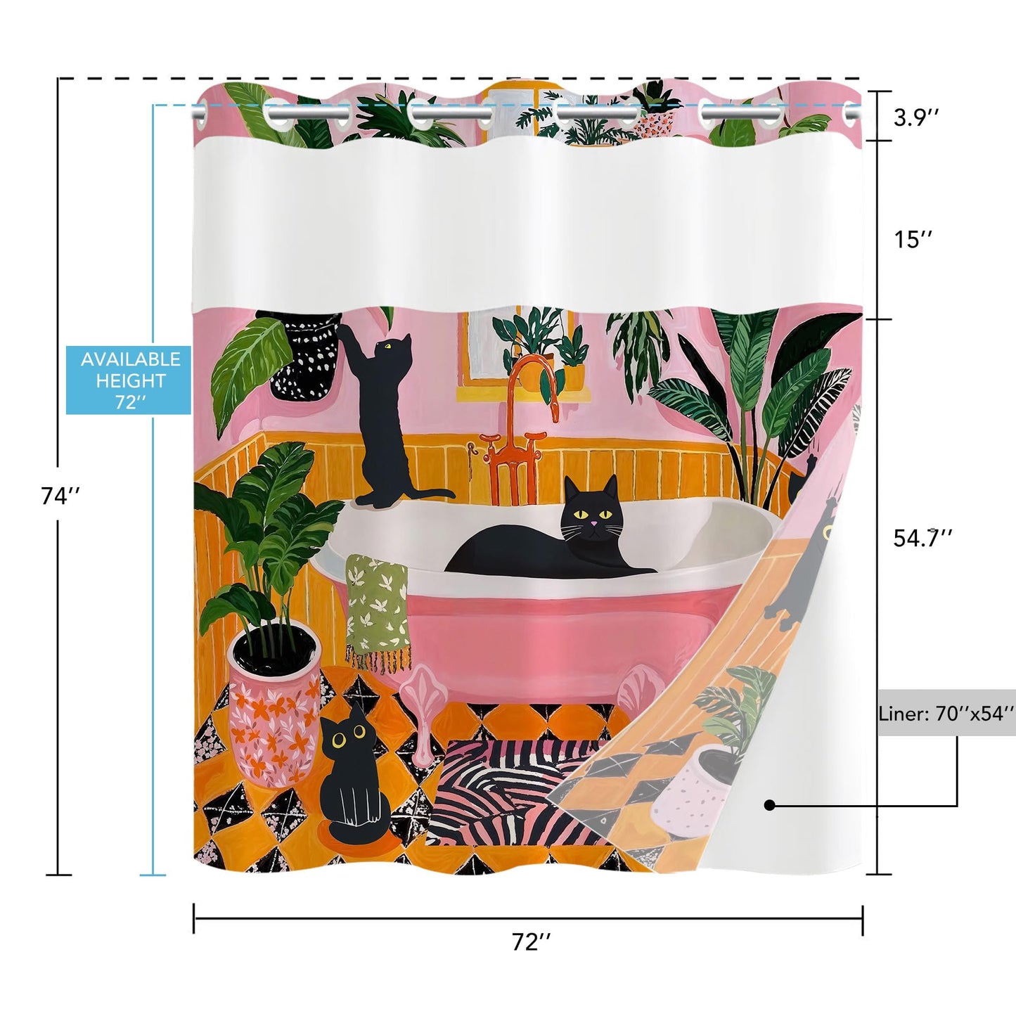 Fowocu No Hook Shower Curtain with Snap in Liner Funny Cat Shower Curtains for Bathroom Boho Cute Black Cats Matisse Green Tropical Plant Pink Orange Waterproof Fabric Bath Curtain Decor 71×74In