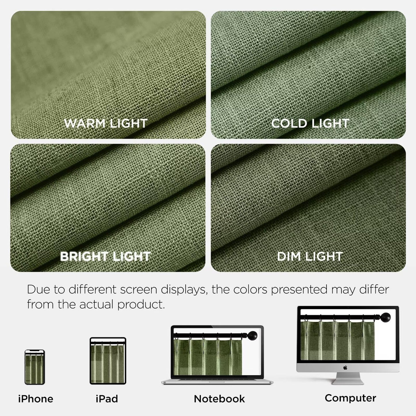 Joydeco Olive Green Pinch Pleated Linen Curtains 84 Inch Long 2 Panel Set for Living Room, Semi Sheer Curtain for Bedroom, Back Tab Light Filtering Drapes with Adjustable Hooks (40”W x84”L)