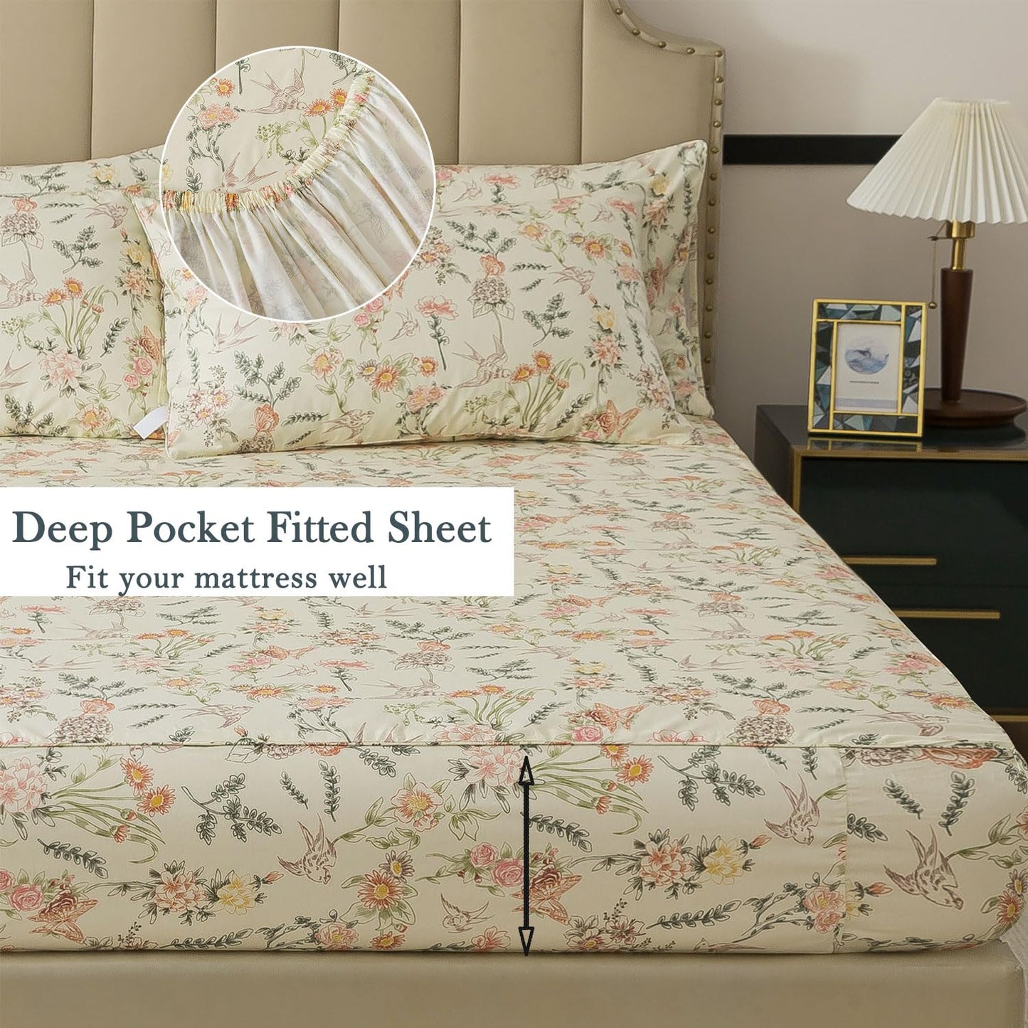 FADFAY Queen Size Sheets Set – 4 Pieces 100% Cotton Deep Pocket Fitted Sheet, Crisp, Breathable & Soft, Country Style Floral & Butterfly Pattern for All Seasons