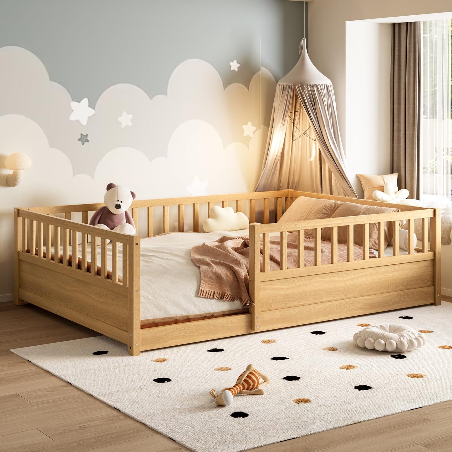 KEIKI Full Size Floor Bed, Montessori Floor Bedframe with Fence, Wood Bed with Support Slat for Living Room, Natural