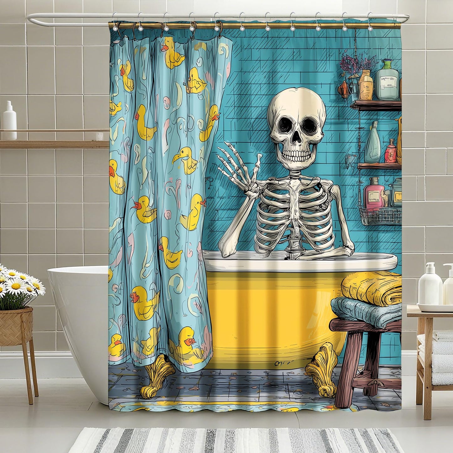 mutakin Funny Gothic Skull Shower Curtain Spooky Skull in Bathtub Shower Curtains for Bathroom Waterproof Fabric Bath Curtain Decor with Hooks