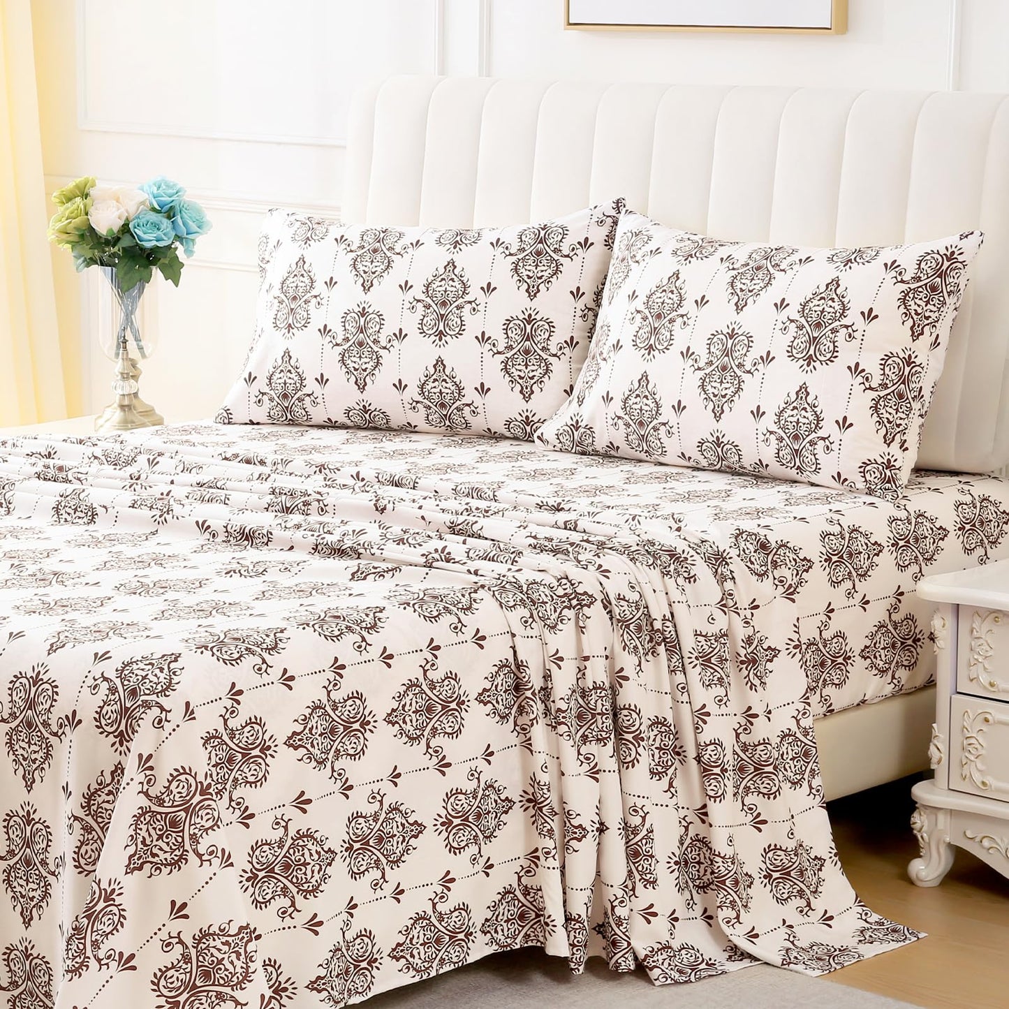 ChicView King Size Paisley Printed Sheet Set,4 Pieces Boho Style Breathable Soft Microfiber Bedsheets, Anti Pilling Deep Pockets Easy Care Bed Sheets, Brown