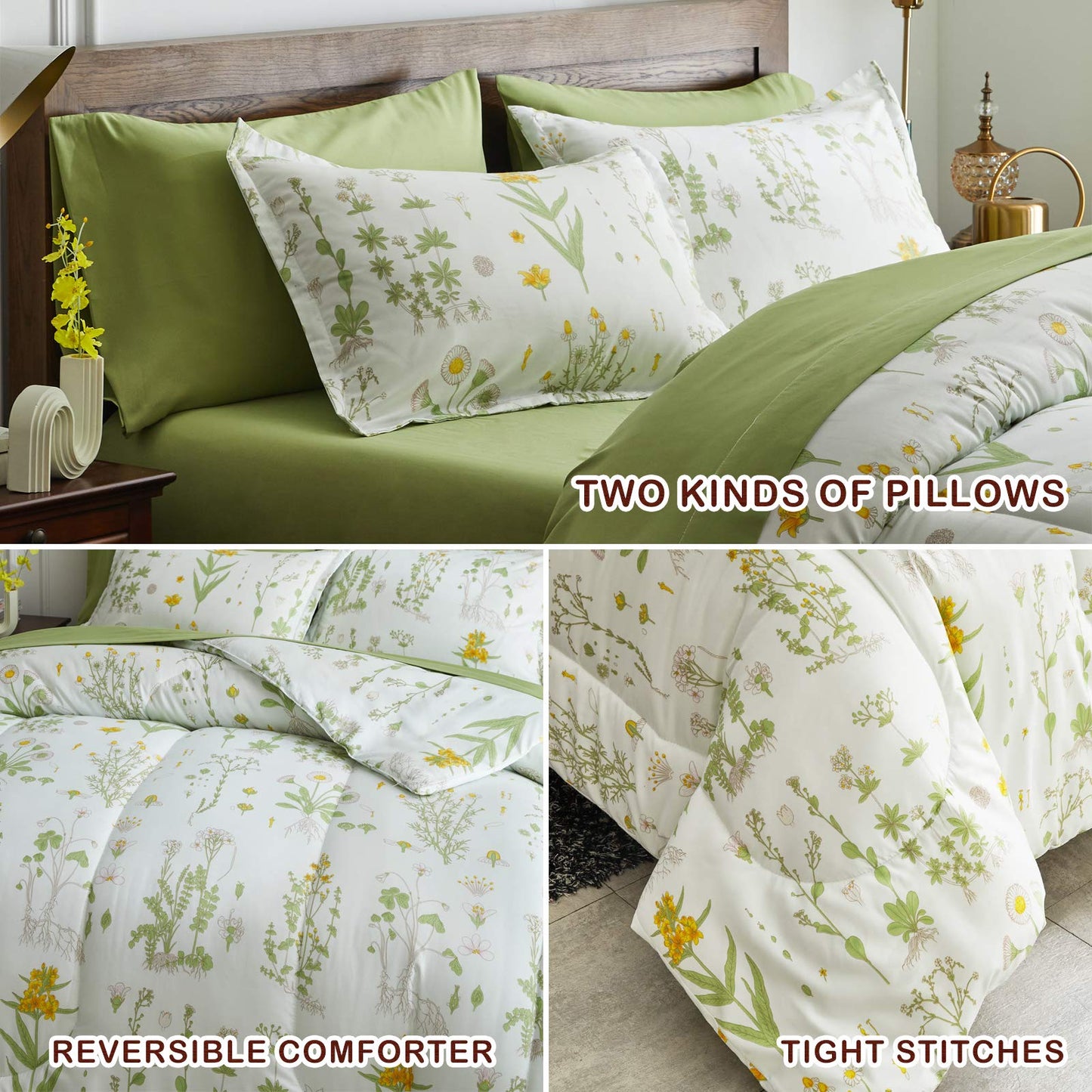 Joyreap 6 Piece Bed in a Bag Twin, Green Leaves Yellow Flower Botanical Design, Smooth Soft Microfiber Comforter Set (1 Comforter, 2 Pillow Shams, 1 Flat Sheet, 1 Fitted Sheet, 1 Pillowcase)