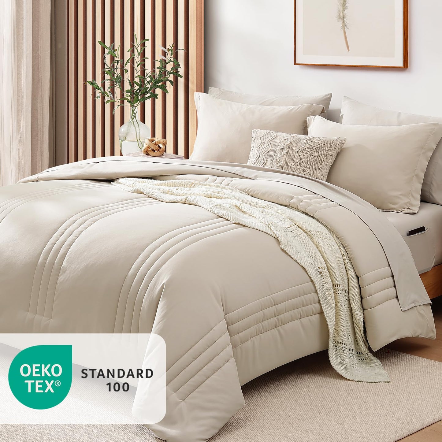 Monbix Queen Comforter Set - 7 Pieces Beige Bed in a Bag Queen Bedding Sets with Comforters, All Seasons Comforter Bed Set with Sheets, Pillowcases & Shams