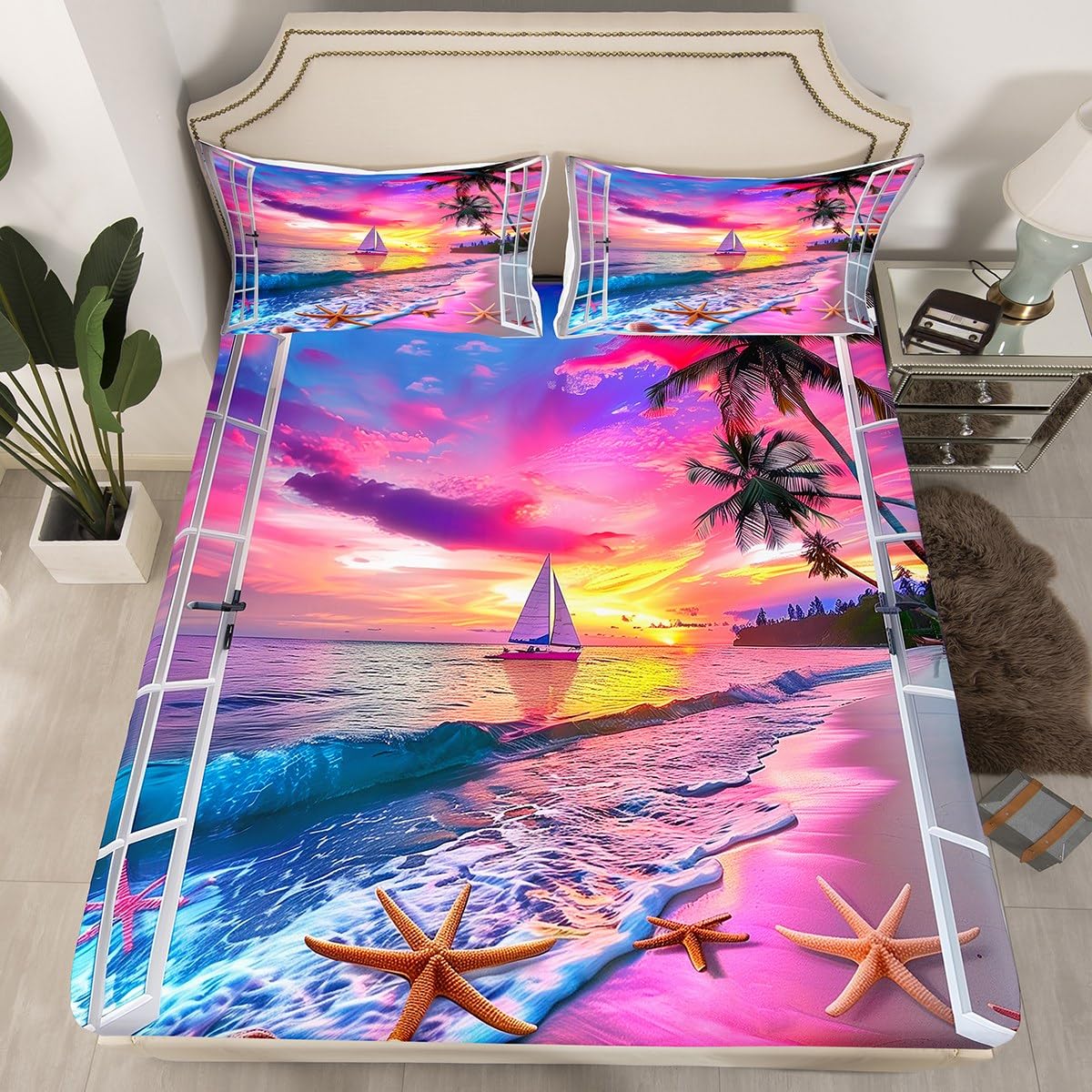 jejeloiu Beach Theme Fitted Sheet Full Size Kids Summer Ocean Wave Pattern Bed Sheets Set for Boys Girls Teens Sea Marine Coastal Tropical Leaves Starfish Sailboat Bedding Set Room Decor