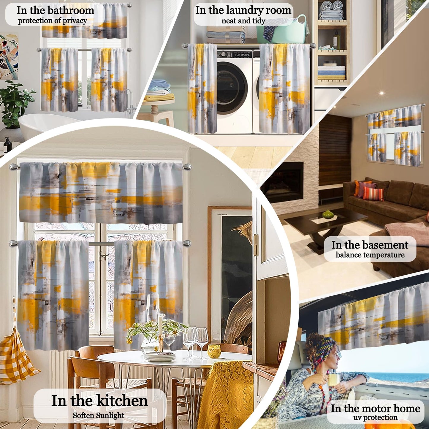 KINUUIS Yellow Brown Blackout Kitchen Window Tier Curtains and Valance Set, 52 x 36 Inch Abstract Art Window Curtains Set with Rod Pocket for Small Windows, Living Room or Bathroom