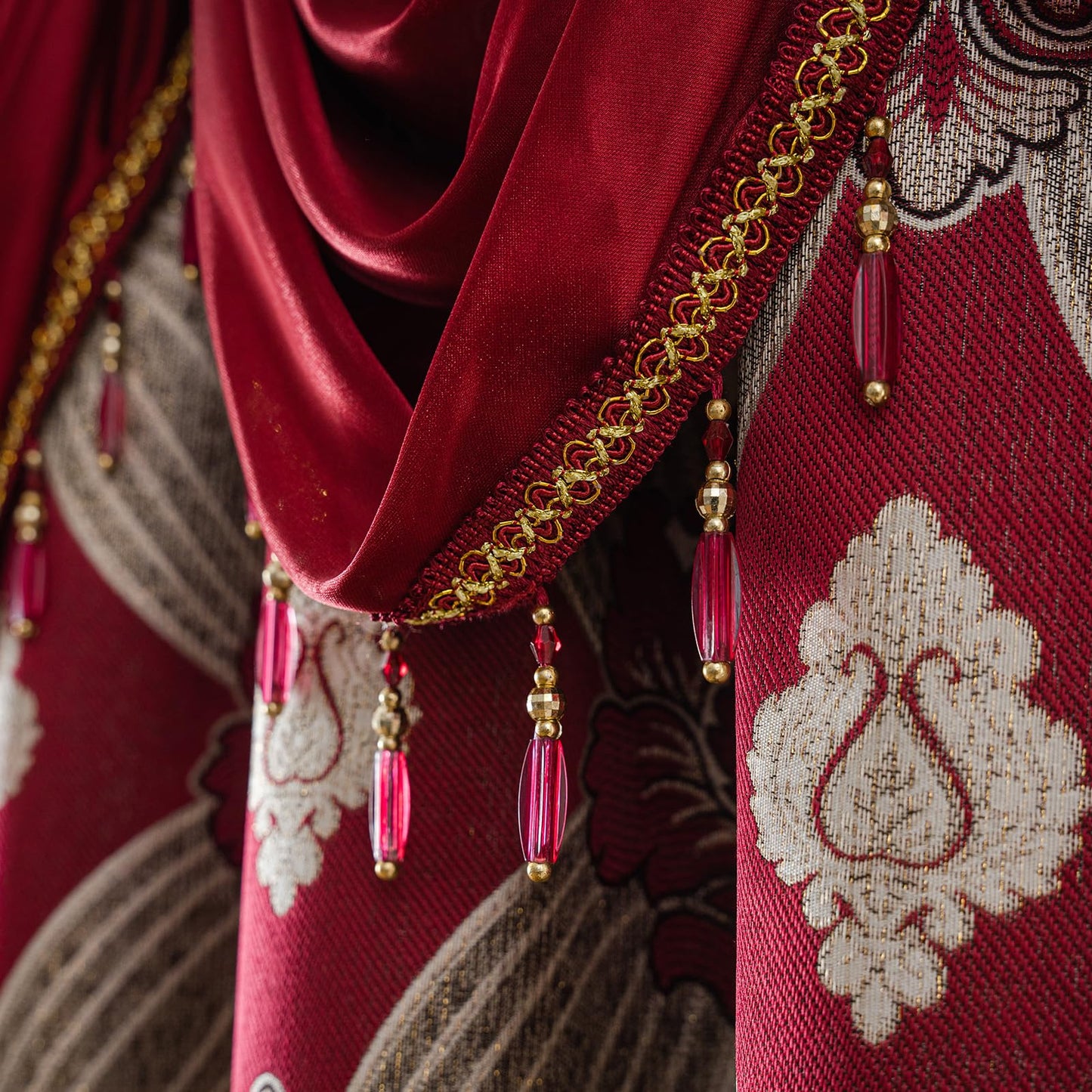Petrichor Elegant Curtains with Gold Silver Threads 2 Panels Set - Luxury Window Treatment Attached Valance, Sheer Backing, and 2 Tie Backs for Bedroom and Living Room, 54x84 inches, Burgundy