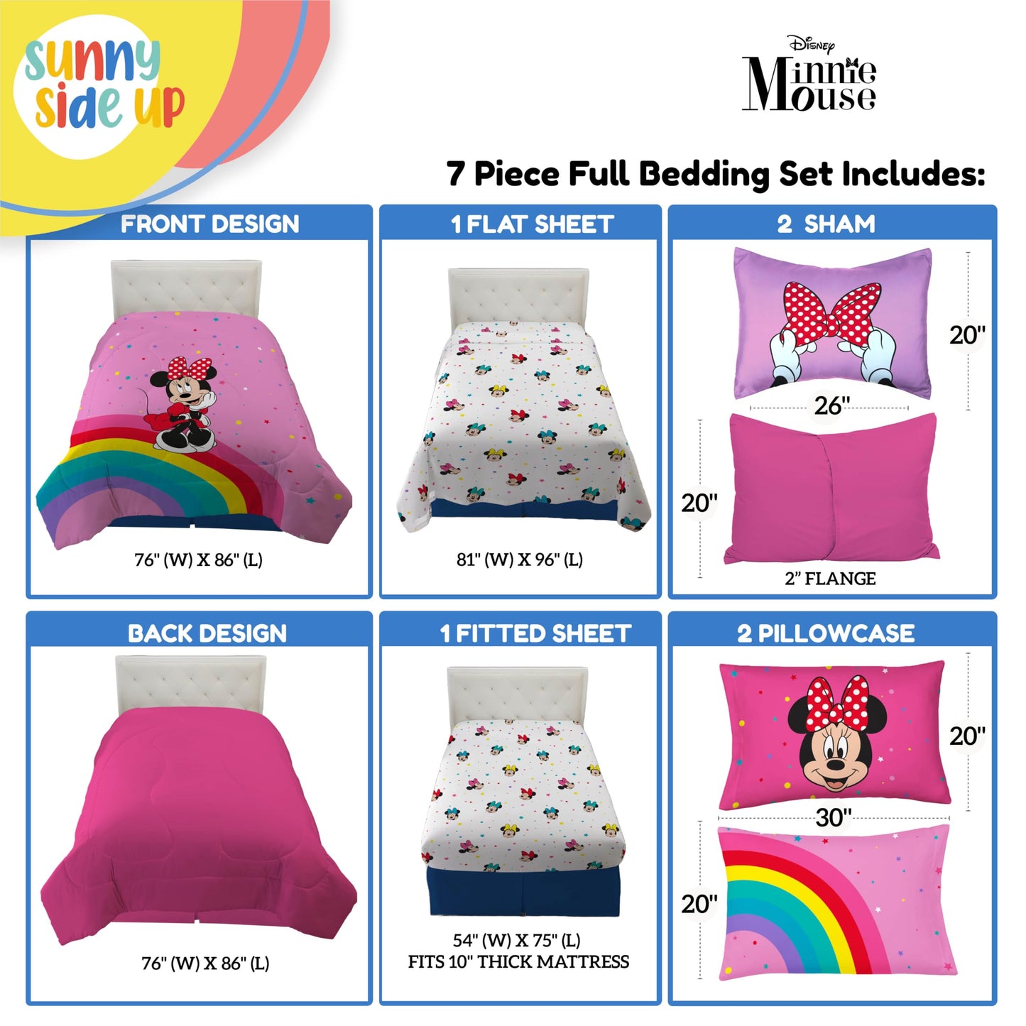 Sunny Side Up Disney Minnie Mouse Full Comforter Set - 7 Piece Kids Bedding Includes Comforter, Sheets & Pillow Cover - Super Soft Rainbow Dots Microfiber Bed Set
