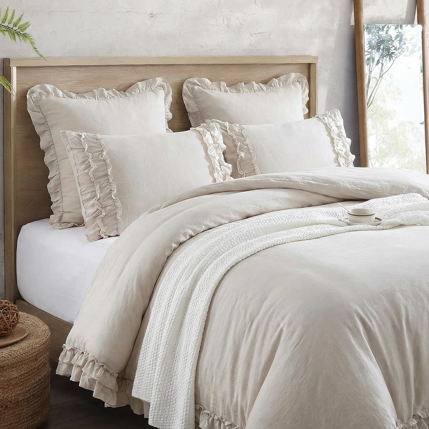 Bedorm Beige Duvet Cover Queen Shabby Chic Bedding Soft Breathable Washed Microfiber Ruffle Duvet Cover Coquette Cute Comforter Cover Girls Women