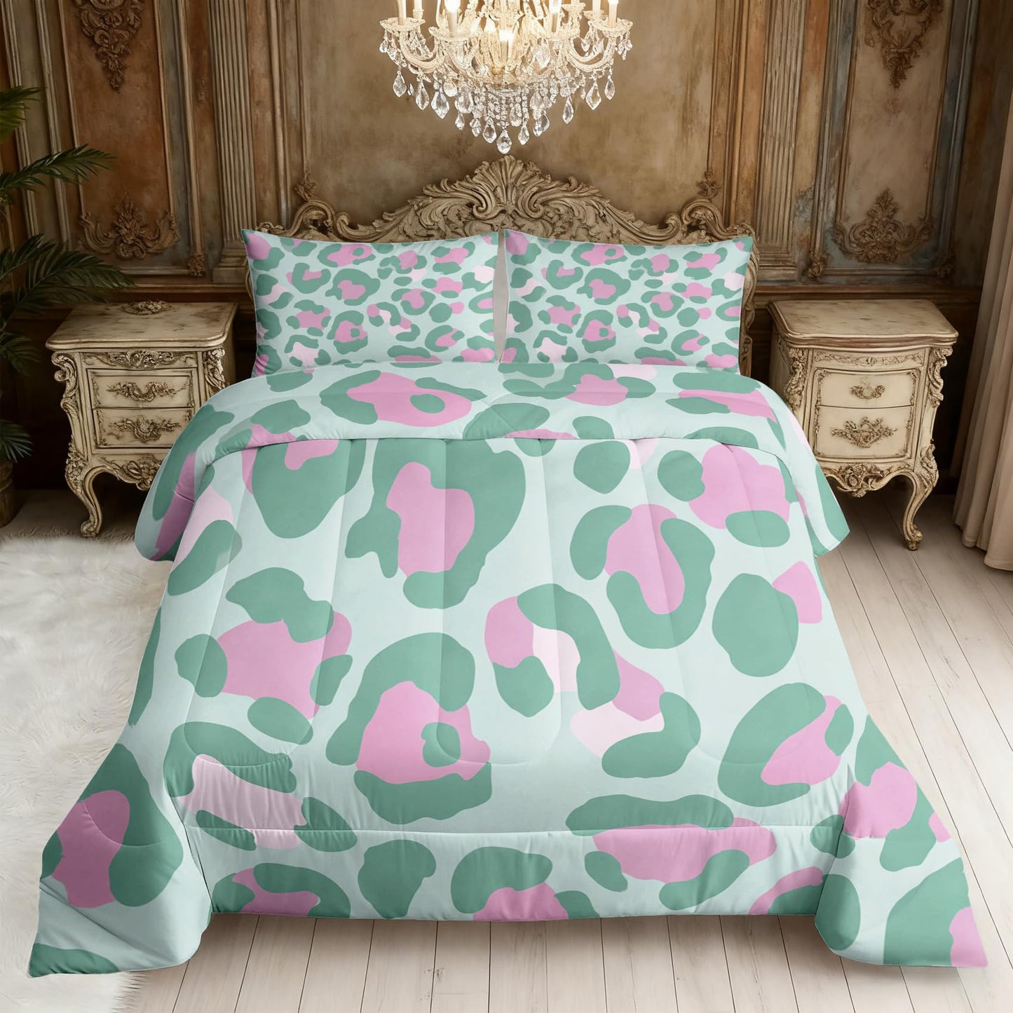Leopard Print Comforter Set King Size 3Pc, Cheetah Printed Pattern Down Alternative Bed Comforter, 2 Pillow Shams, Soft All Season Bedding, Leopard Print Bedroom Decor