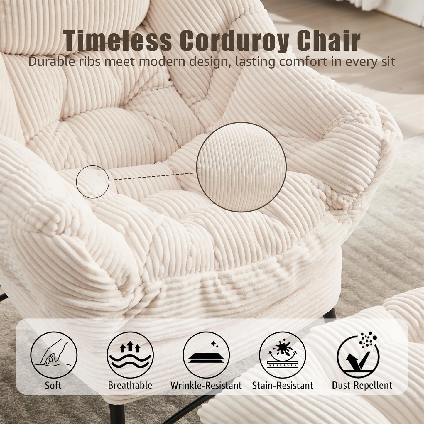 Oversized Lazy Chair with Ottoman for Adults, Chair and Ottoman Set Modern Skinny Lounge Chair with Footrest, Wide Reading Chair for Living Room, Comfy Accent Armchair for Small Spaces, White