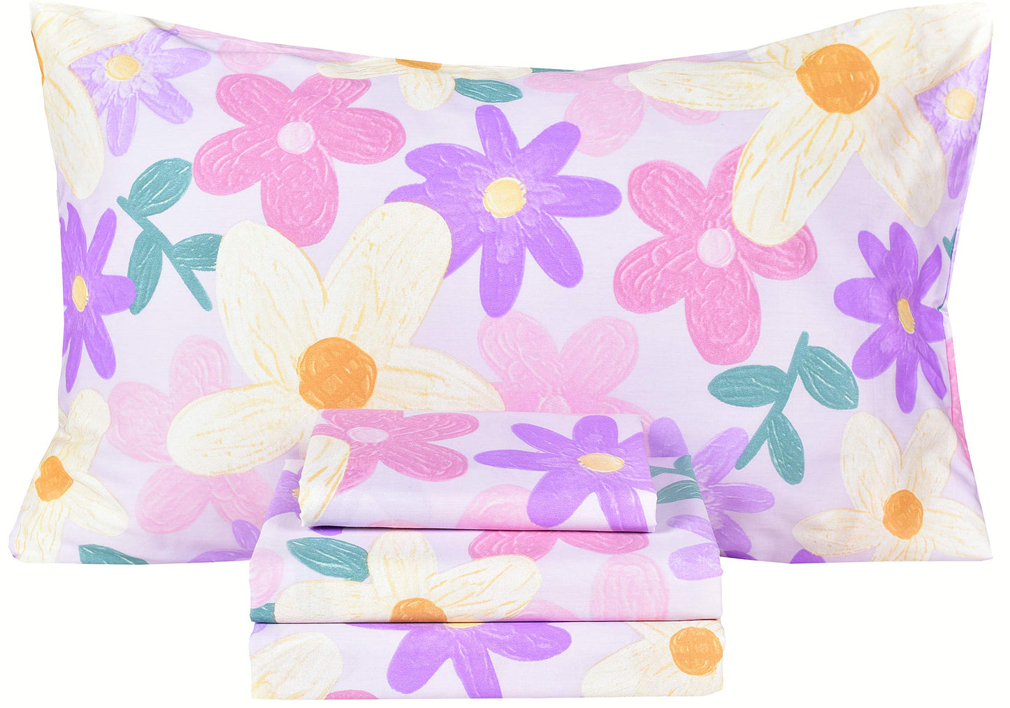 Scientific Sleep Purple Flower Painting Girls 100% Cotton 4 Pcs Full Bed Sheet Set Kids Toddler Teen, Flat Sheet & Fitted Sheet & Pillowcase Kids Bedding Set (Floret, Full)