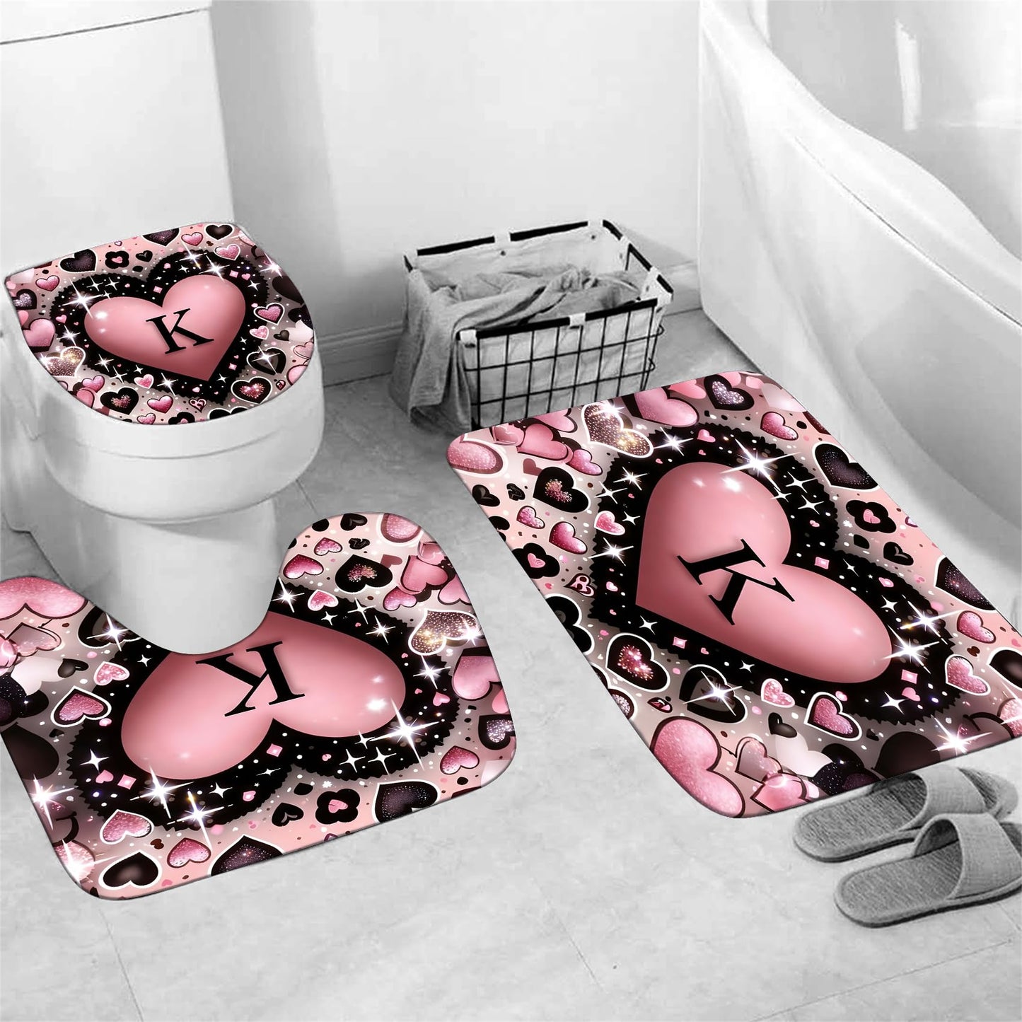 AZHM Romantic K Heart Shower Curtain Set 4 PCS Pink Love Theme Bathroom Decor for Wedding and Valentine's Day Gift with Rugs and 12 Hooks