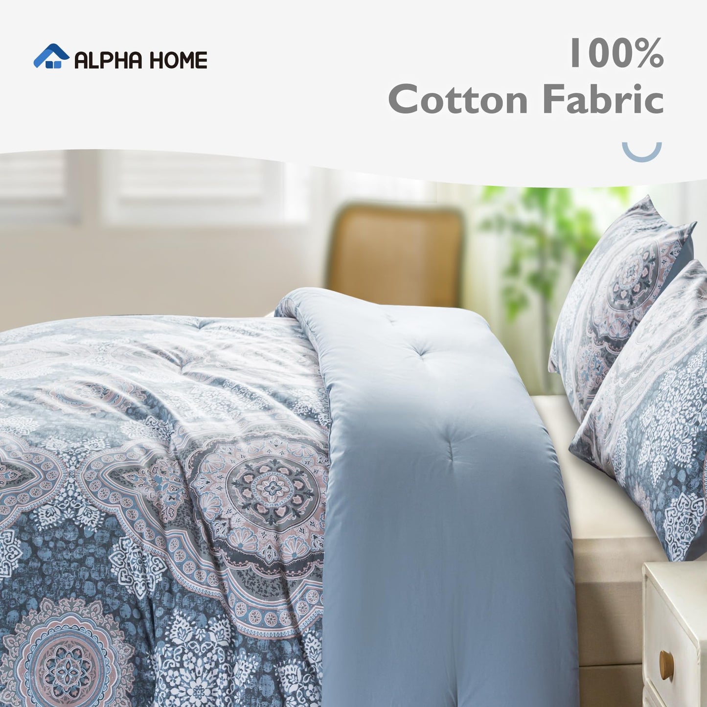 ALPHA HOME King Size Comforter Set, All Season Bedding Comforter Set, Comfortable Fluffy Floral Comforter Set with 100% Cotton Fabric (1 Comforter, 2 Pillowcases)