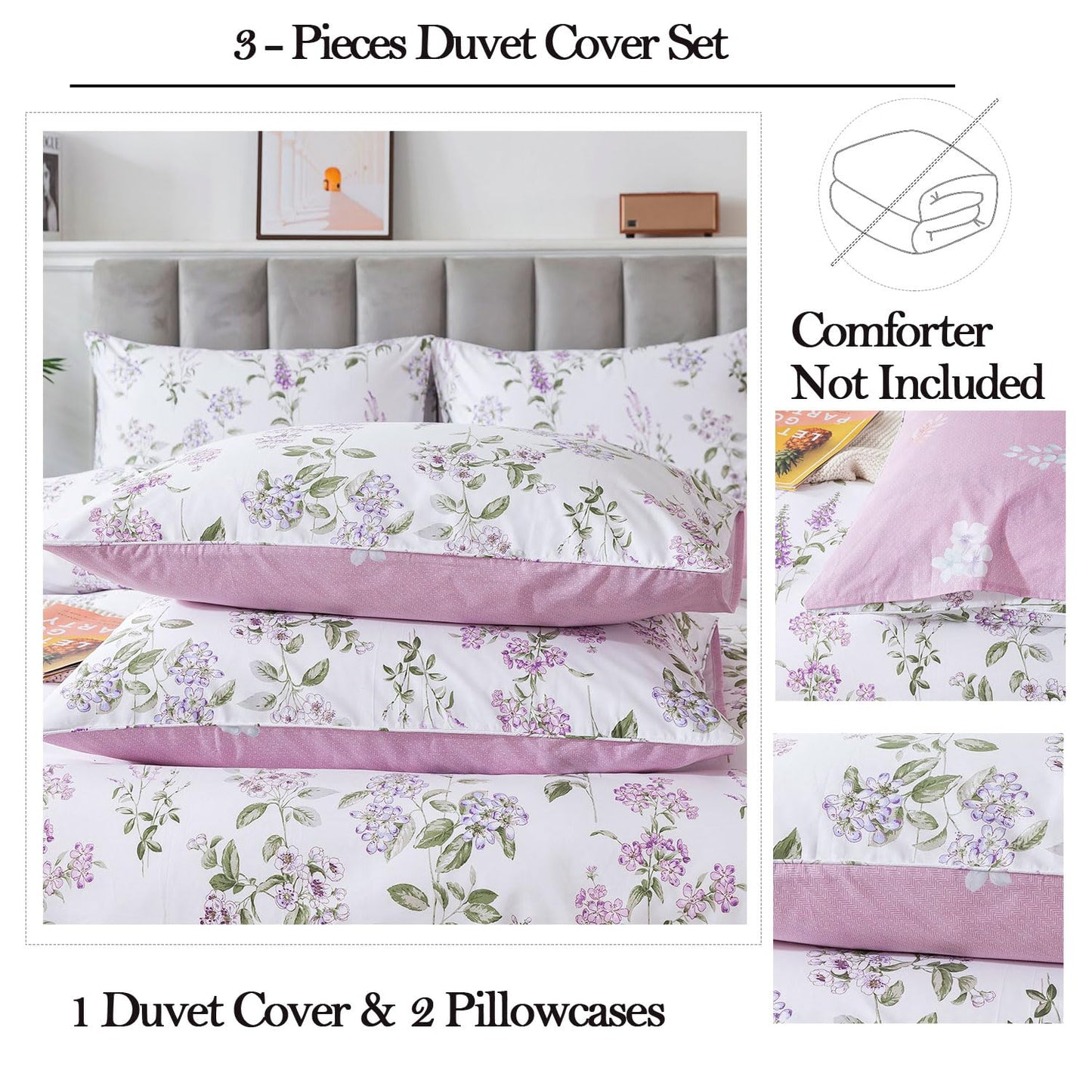 FADFAY Purple White Floral Duvet Cover Sets King/Cal King 100% Cotton Lilac Lavender Reversible Comforter Cover French Country Bedding All Season Soft Crisp Green Leaves Bed Cover with Zipper 3Pcs