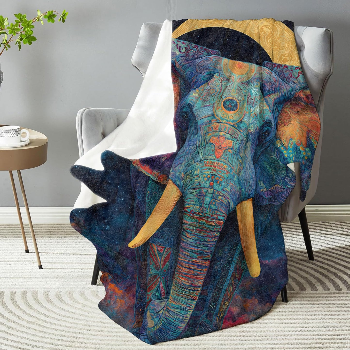 Mystical Cosmic Elephant Blanket, Plush Soft Lightweight Warm Cozy Flannel 60×50 inch Throw Blanket with Galaxy Starry Animal Print for Couch, Travel, Bed, Outdoor, Gifts for Teens Adults Women Men