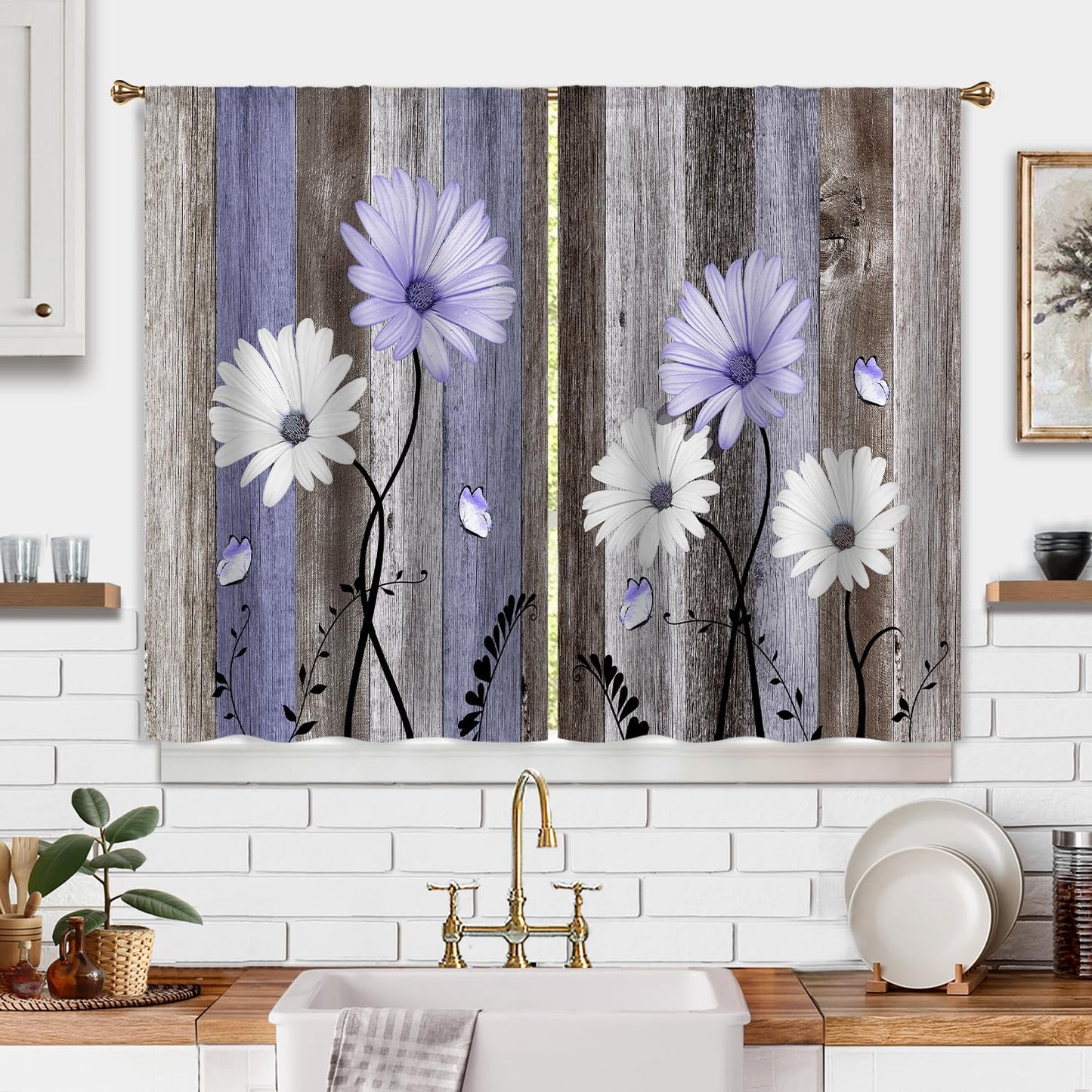 Cizuug Purple Farmhouse Daisy Kitchen Curtains Wooden Flower Small Short Cafe Window Curtains Rustic Floral Butterfly Country Bathroom Drapes Treatment Tier Curtains 2 Panels