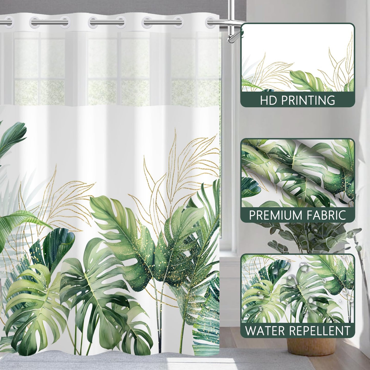 NAEMBCU No Hook Shower Curtain with Snap-in Liner 71x74 Inch