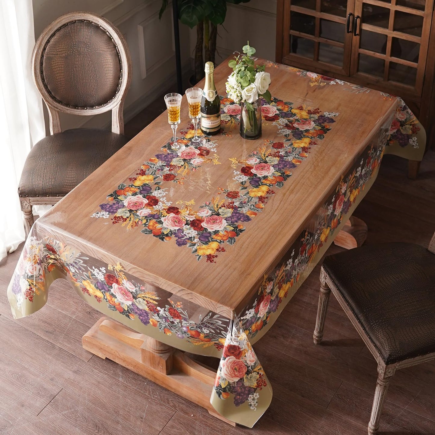 Artbloss Clear Table Cover Protector Vinyl PVC Rectangle Table Cloth with Floral Fruit Pattern Oil Spill Proof Plastic Tablecloths for Dining Tables Parties Holidays (Floral Fruit, 52 x 70 Inches)