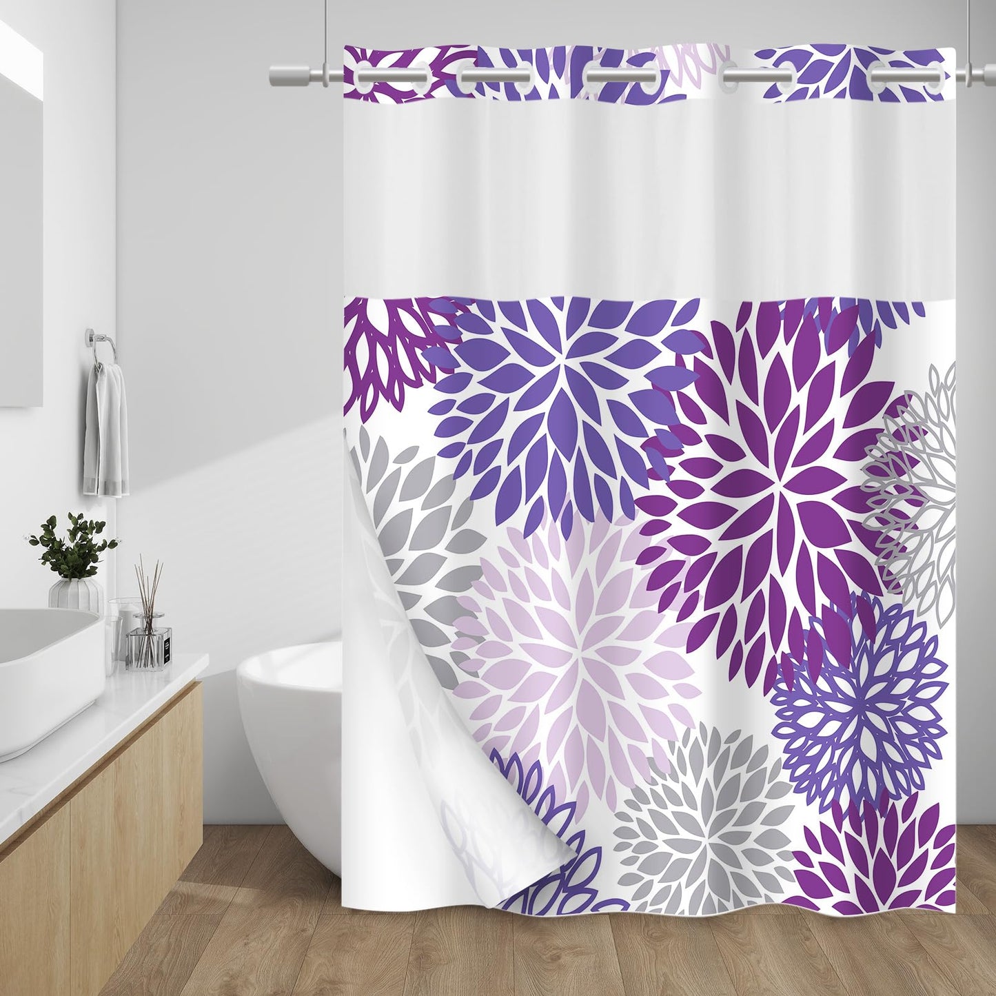 WITHLOC No Hook Shower Curtain with Snap in Liner, Removable Liner Water Repellent, Easy Install & Machine Washable, Hotel Style Bathroom Watercolor Floral Curtain, Purple, 71" W x 74" L