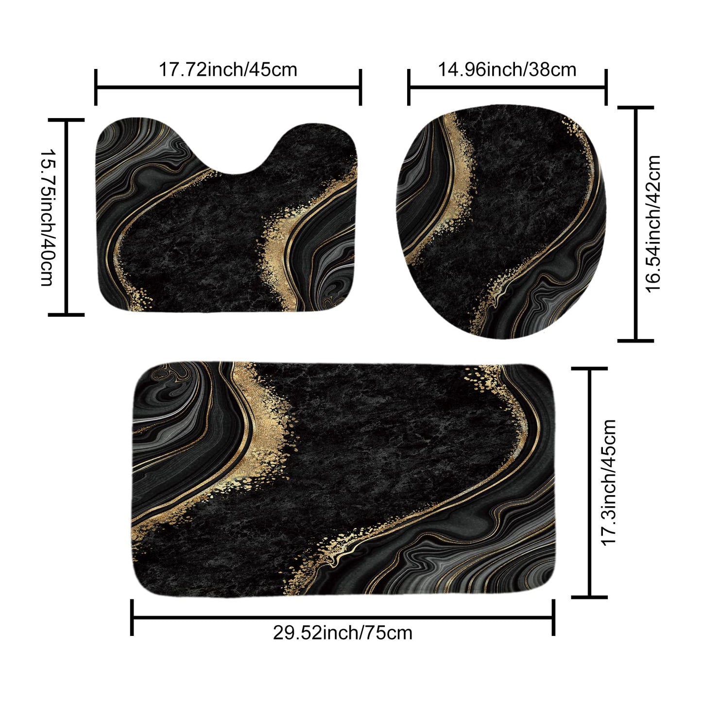 beifivcl 4Pcs Luxury Marble Shower Curtain Sets, Bathroom Sets with Shower Curtain, Toilet Lid Rug, Bath Mat and Contour Mat, Shower Curtain with 12 Hooks for Bathroom Set Decor 72 x 72 Inch, Black﻿