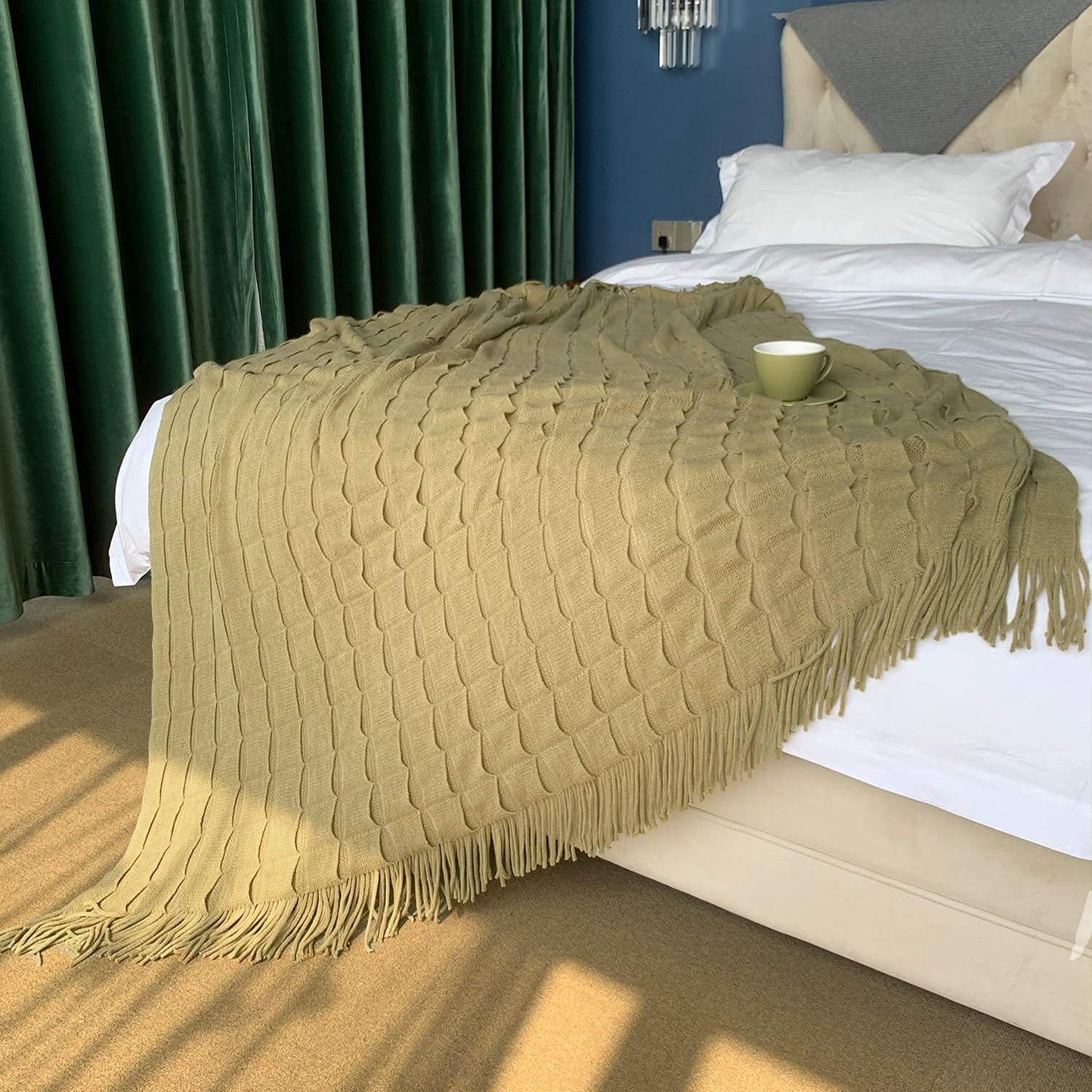DISSA Knit Blanket Woven Blanket Throws for Sofa Throws for Couch Blanket Cover Boho Throw Blanket for Bed Cozy Super Soft Solid Plush Decorative Throw Blanket with Tassels (Khaki, 50"x60")