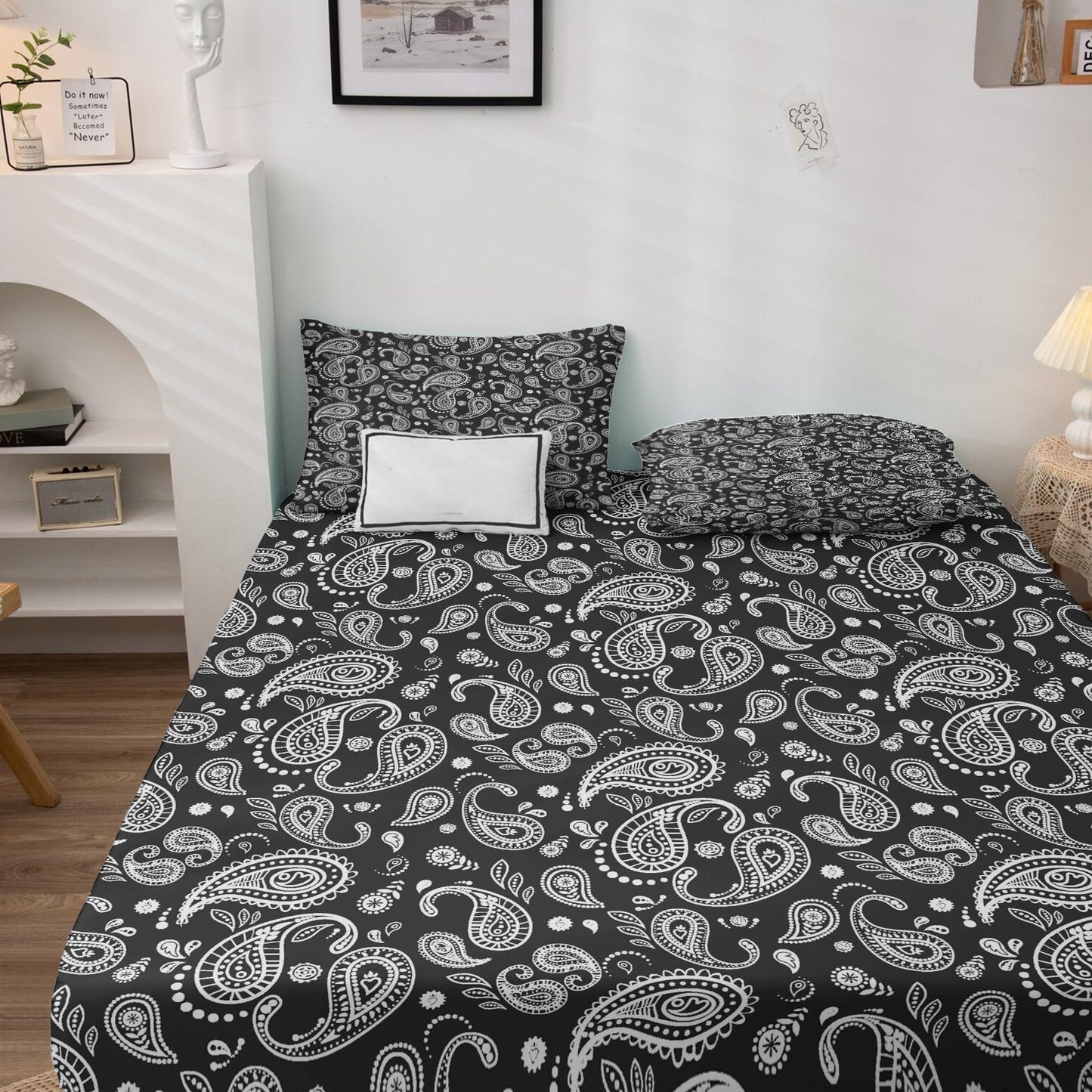 NOGAWA Black Bandana Bed Sheets, Paisley Sheets & Bedroom Decor, Full Sheets Set Boho Bohemian, 16 Inch Deep Pocket Fitted Sheet & Flat Sheet, Bedding Sheets & Pillowcases