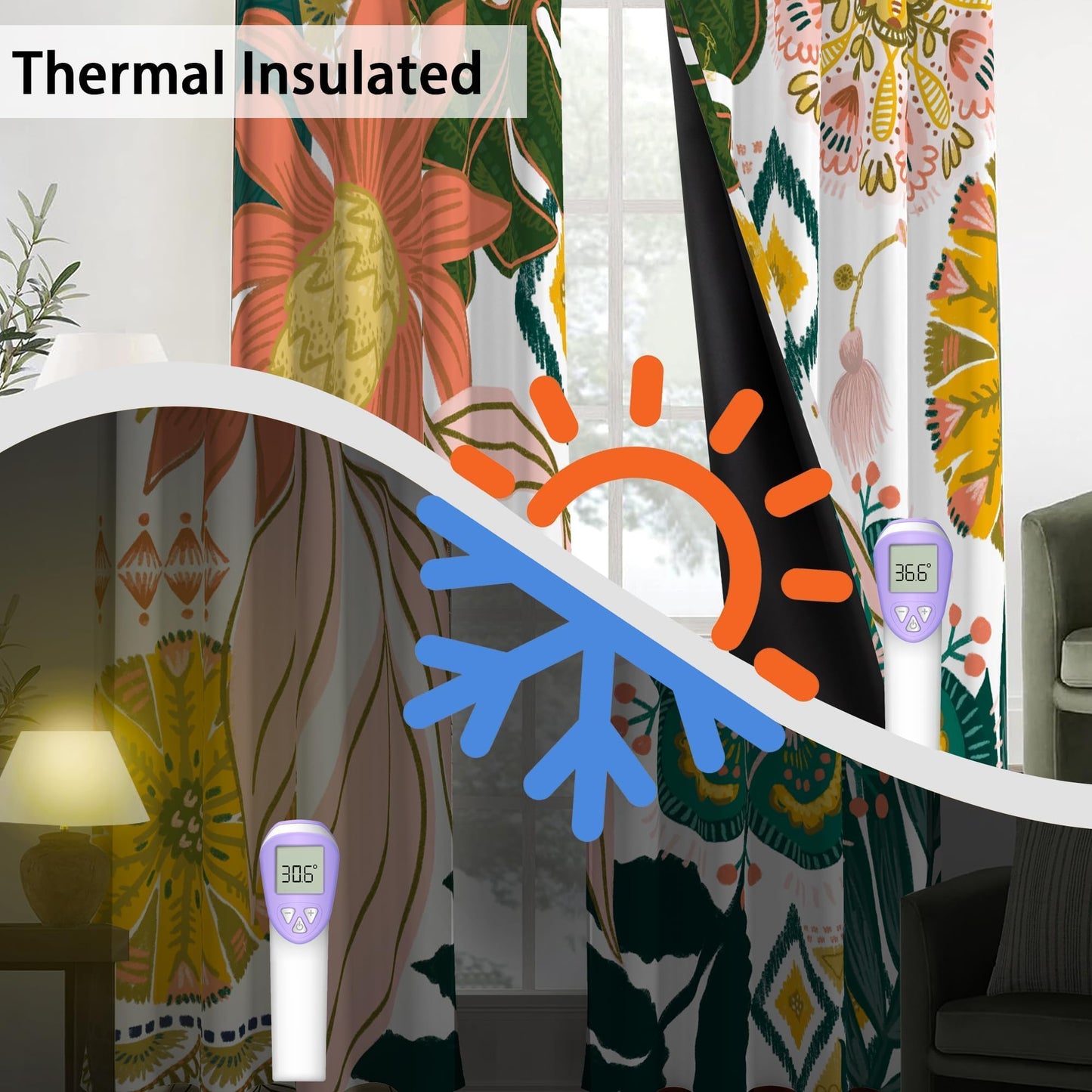 Tyrot White Boho Floral 100% Blackout Curtains for Living Room 84 inch Long 2 Panels Mid Century Botanical Black Out Curtains for Bedroom Grommet Thermal Insulated Room Darkening Window Drapes,52Wx84L