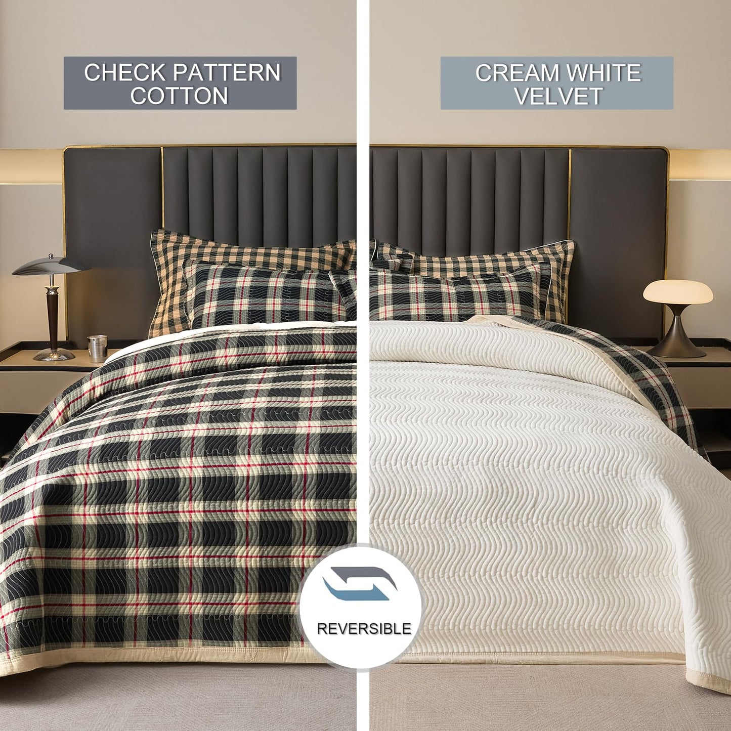 tohrisa Cotton Plaid Quilt Set, Ultra Soft 3 Pieces King Size Bedding with 2 Pillow Shams, Lightweight Reversible Coverlet Bedspread with Wave Quilting for Summer, 108"x96", Grid- Black Red