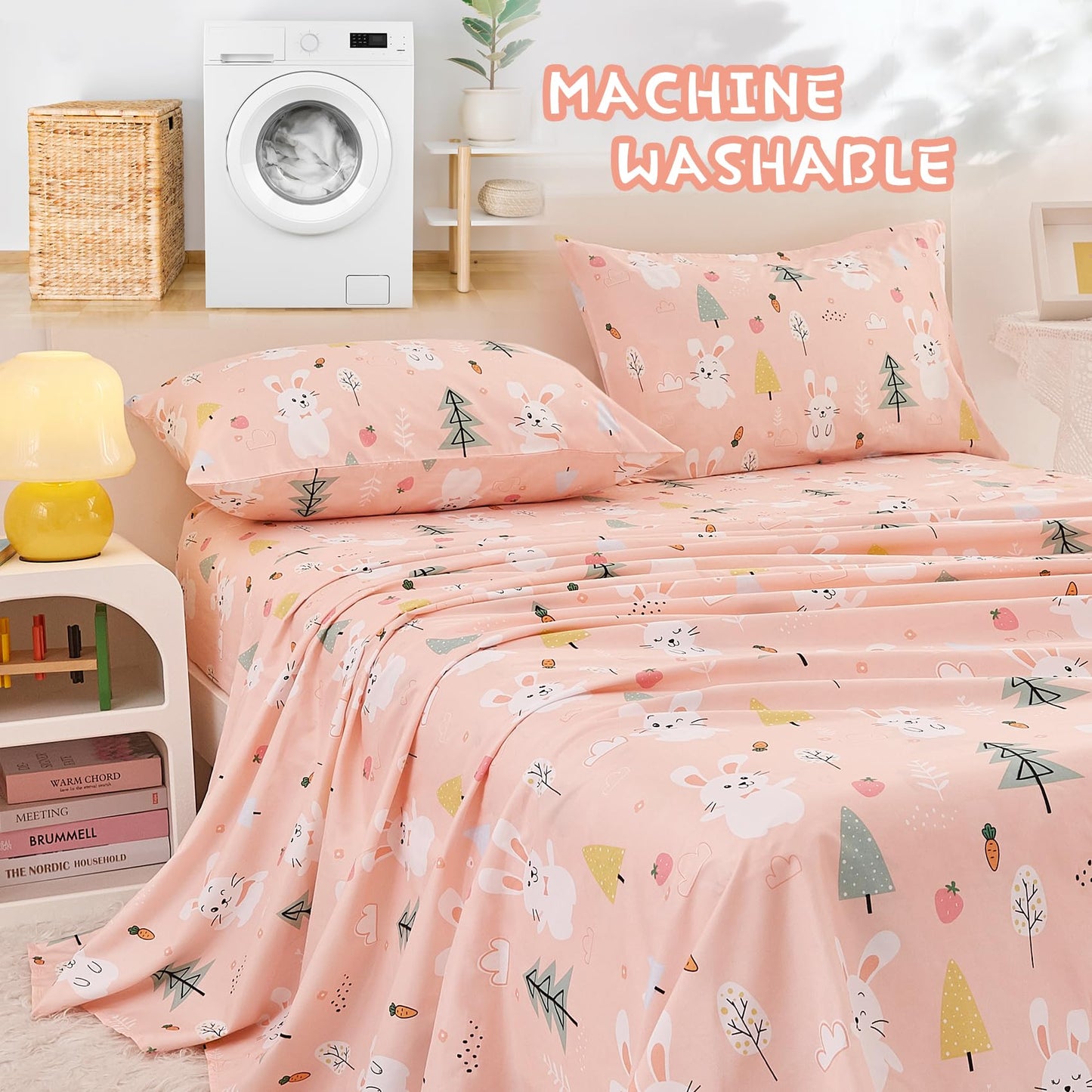 Yibeizi Pink Bunny Full Size Sheet Set for Girls, Kids Cute Bedsheet Microfiber Deep Pocket Bedding Sheets & Pillowcases 4 Pieces
