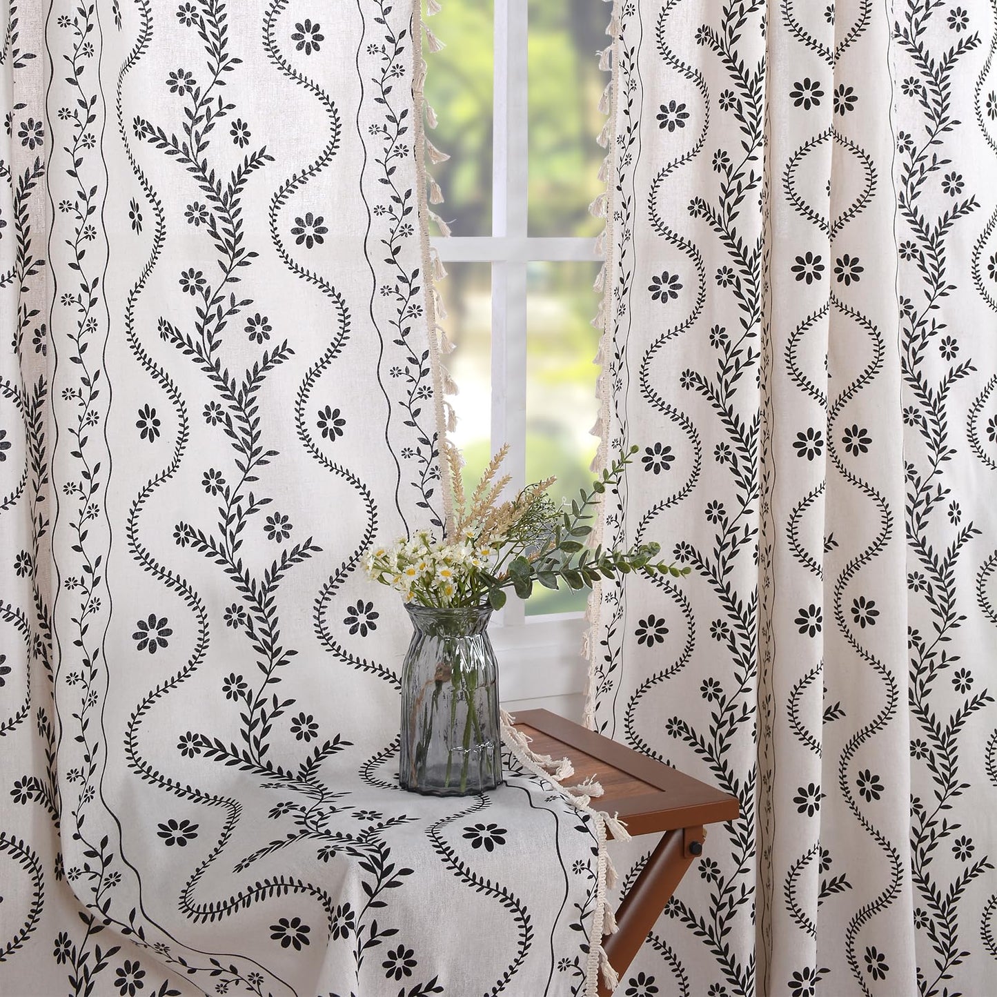 Boho Curtains 2 Panels Set, Farmhouse Linen Semi Sheer Floral Curtains for Living Room, 84 Inches Long Vintage Printed Patterned Curtain with Tassels Rustic Country Curtain Drapes
