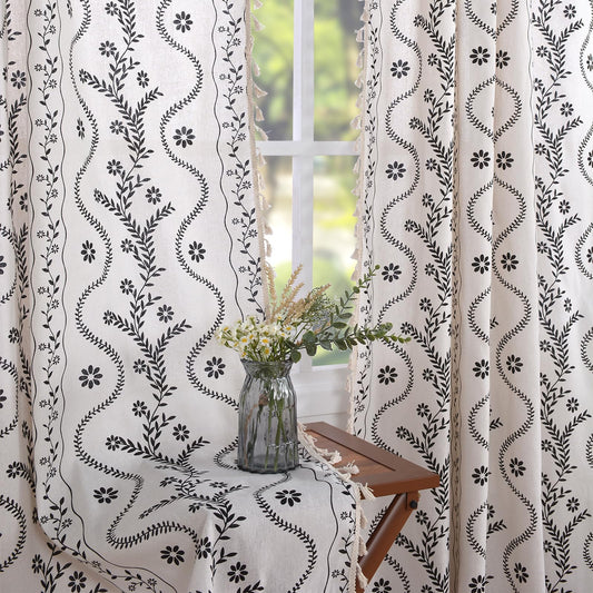 Boho Curtains 2 Panels Set, Farmhouse Linen Semi Sheer Floral Curtains for Living Room, 84 Inches Long Vintage Printed Patterned Curtain with Tassels Rustic Country Curtain Drapes
