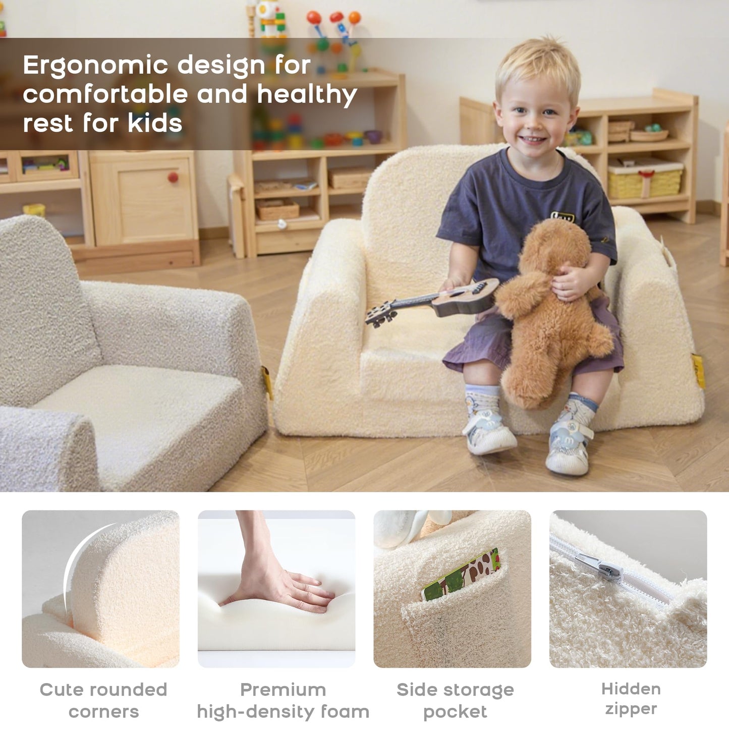 BanaSuper Wide Kids Sofa, Convertible Foam Couch for Children 3-8, Cream