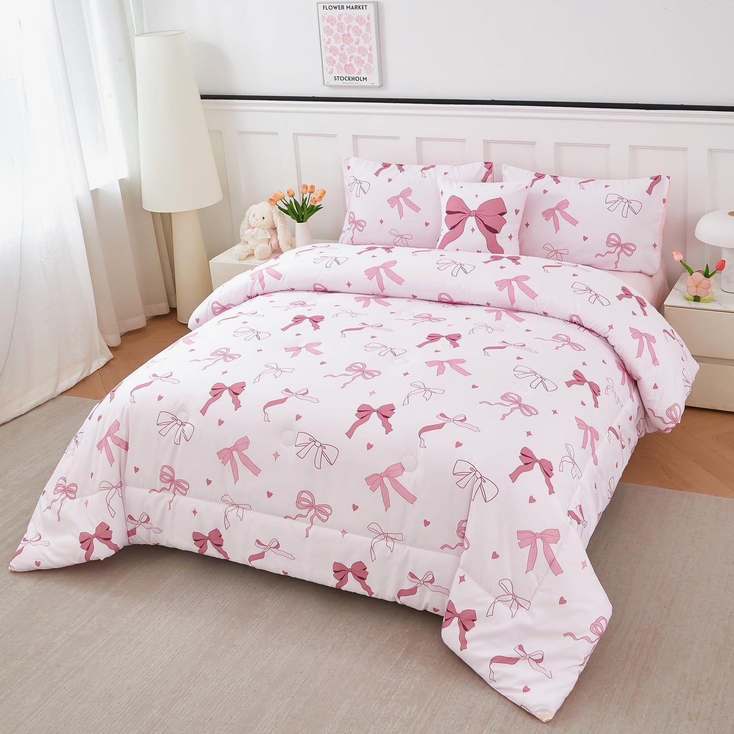 ANGIYUIN Pink Bow Full Size Comforter Sets, Ribbon Bow Knot Girls Bedding Set, 6 Pieces Lover Hearts Stars Kids Bed in a Bag with Sheets(Bow Full)