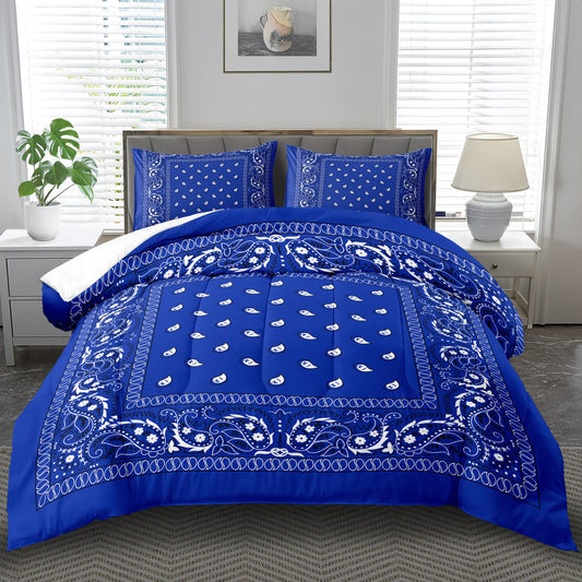 llyxsesty Blue Boho Comforter Set King,Western Bedding Set for Kids and Adults,Blue Striped Comforter King,Vintage Floral Quilt for Women,Shabby Chic Bedding Boho Room Decor