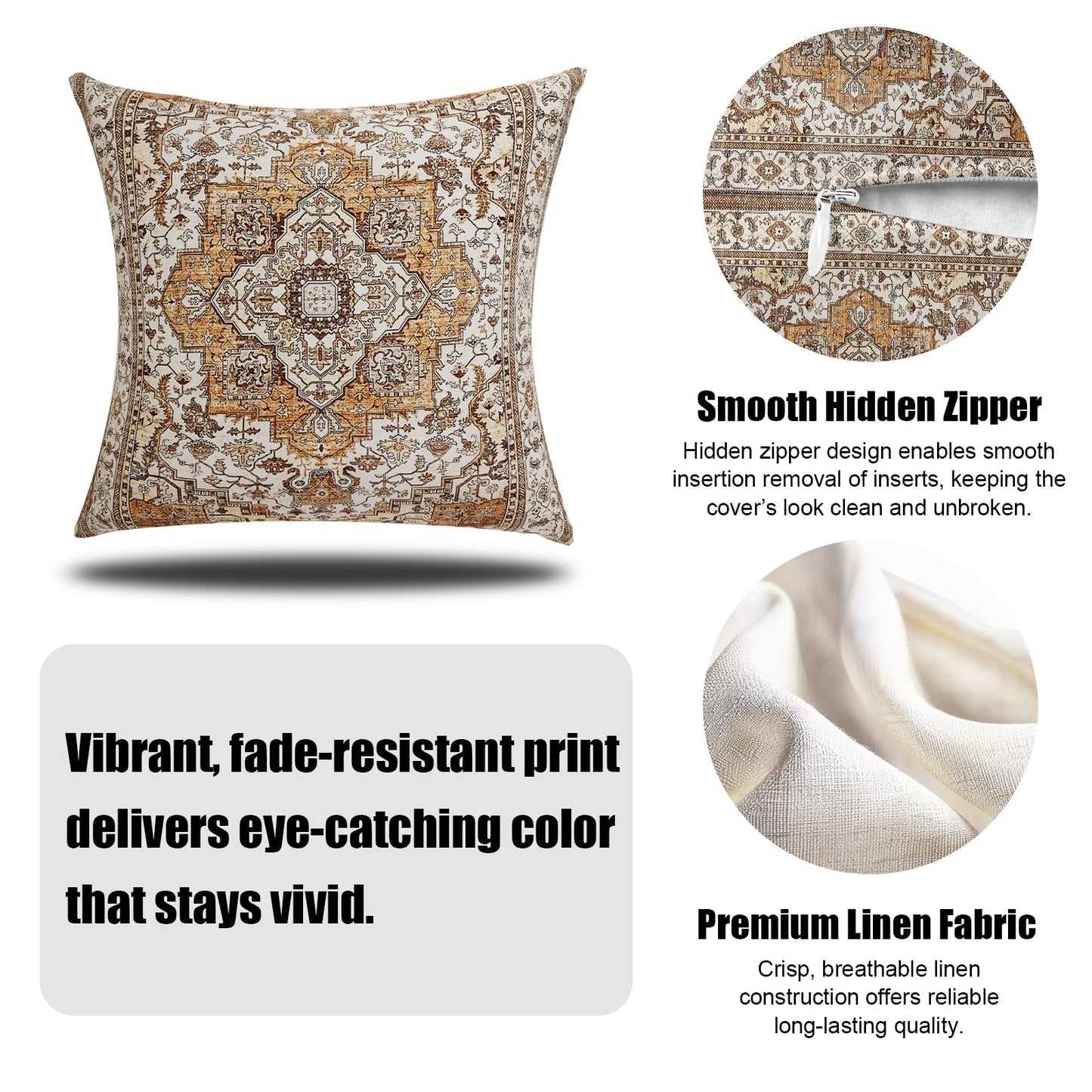 ZSYTZL Boho Throw Pillow Covers 18x18 inch Set of 2,Linen Bohemia Carpet Pattern Decorative Living Room Sofa Bed Square Pillow Case Cushion Cover-Orange Brown