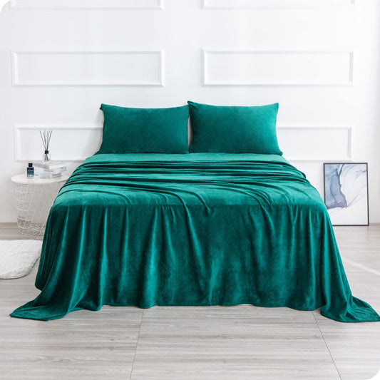 Micro Fleece Sheets Set Queen Size – No Pilling and Extra Soft Bed Sheets Set – Velvet Plush and Cozy Warmth Sheets with Deep Pocket for All Season & Chritmas (Queen, Green Color,4 Piece)