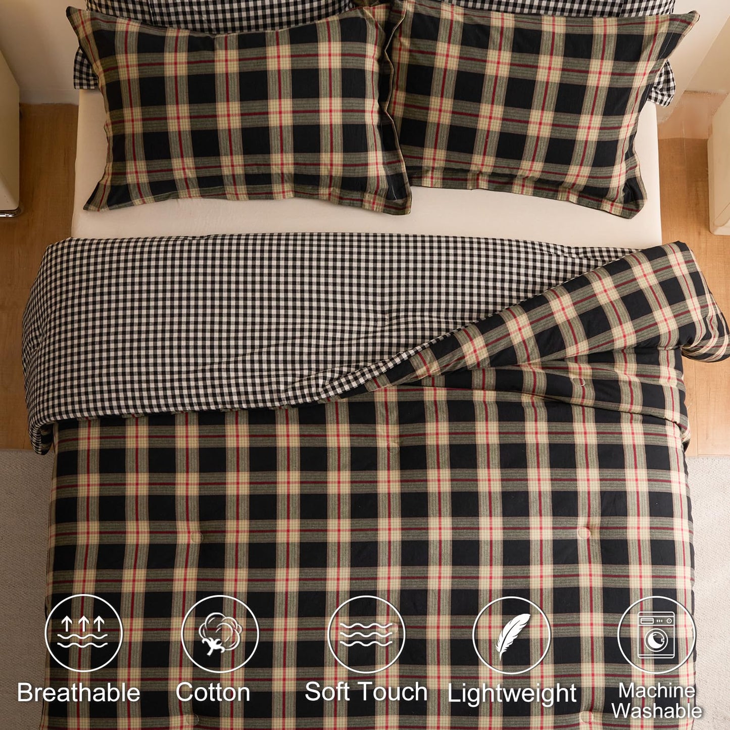 hadamick 100% Cotton Comforter Set Full Size – Reversible Yarn-Dyed Checkered Design, Soft Washed Cotton on Both Sides, Lightweight All-Season Bedding, Machine Washable(Black Red Plaid, 80”x90”)