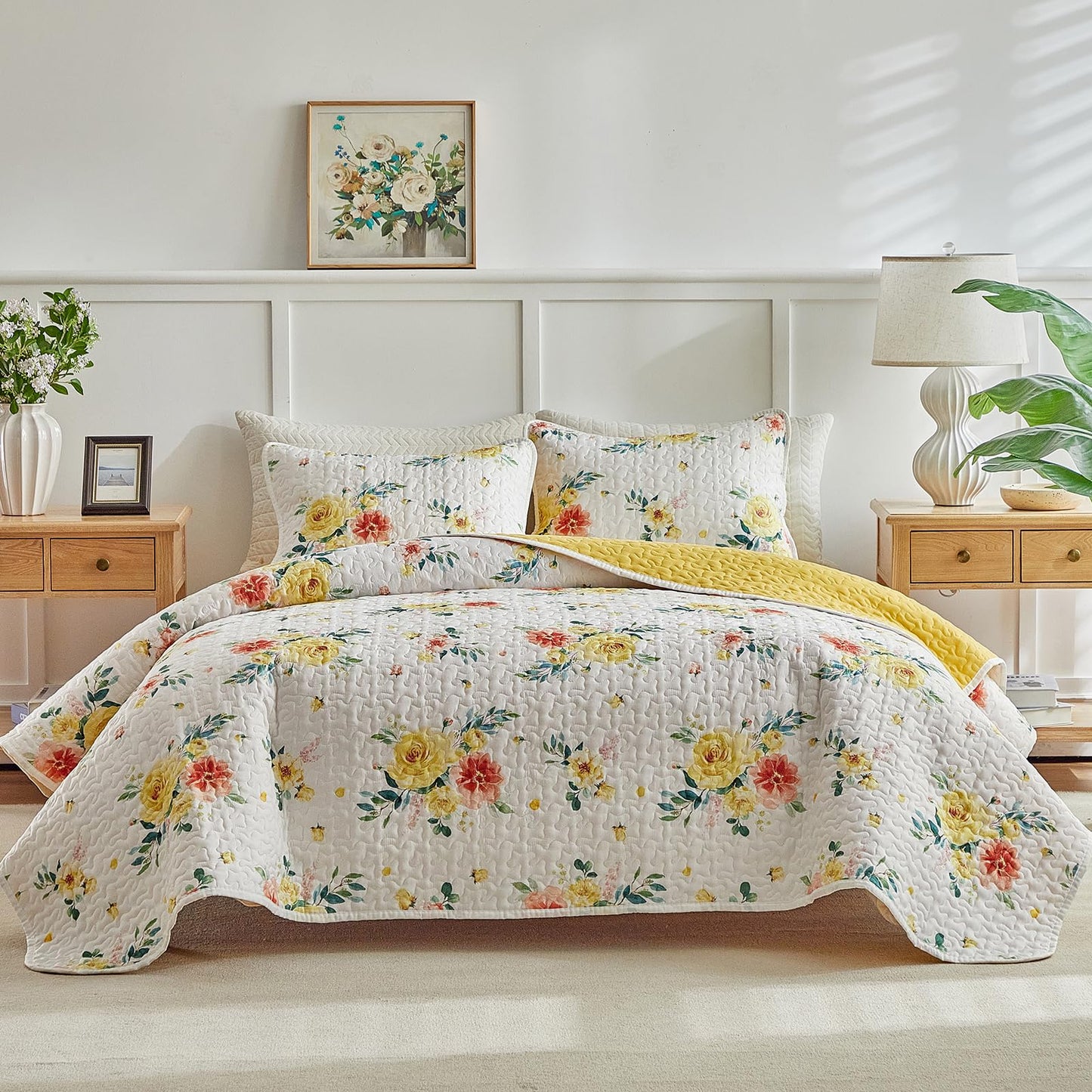 Floral Quilt Set 3 Pieces Queen Size White Orange Yellow Flower with Green Leaves Soft Microfiber Lightweight Summer Reversible Coverlet Bedspread for All Season -1 Quilt 88*88 + 2 Pillow Shams