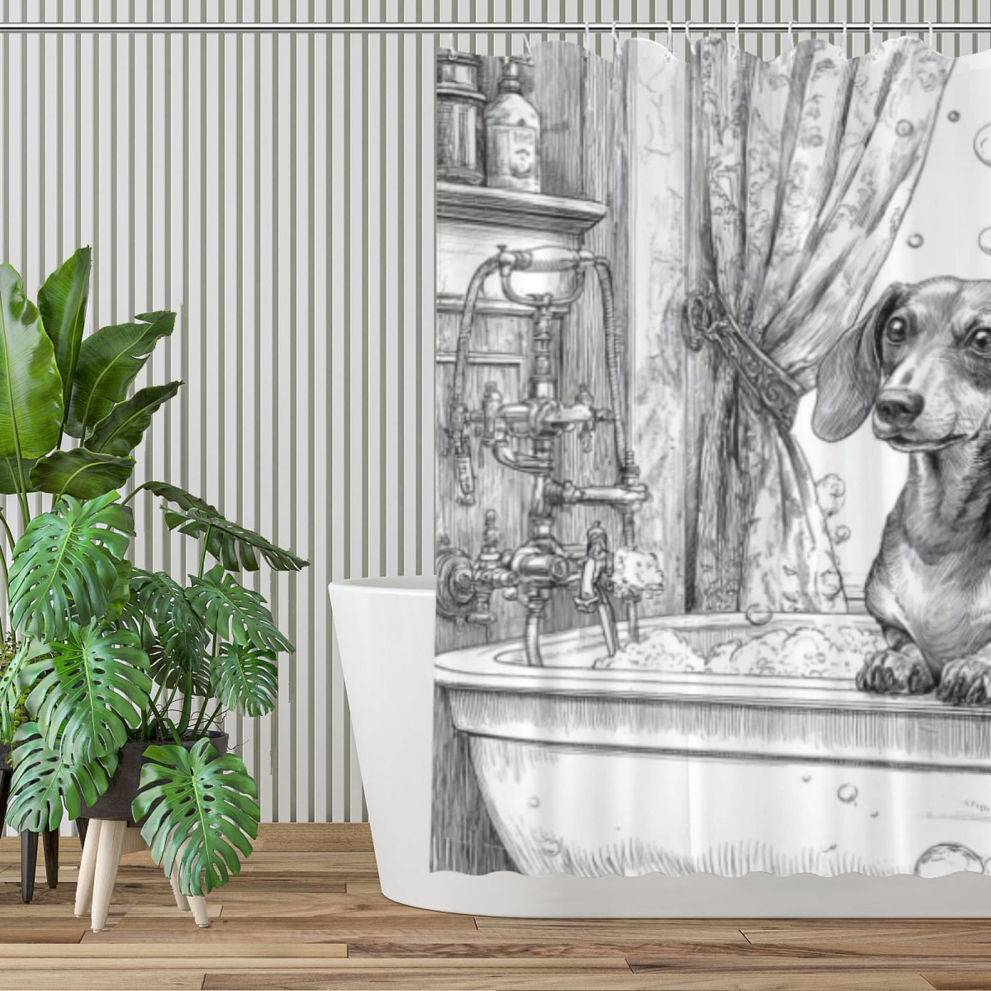 Wordatu Dachshund Shower Curtain Bathroom Set 72x72 Inches Black White Taking a Bubble Bath Animal Bath Dog Art Home Decor 12 Hooks