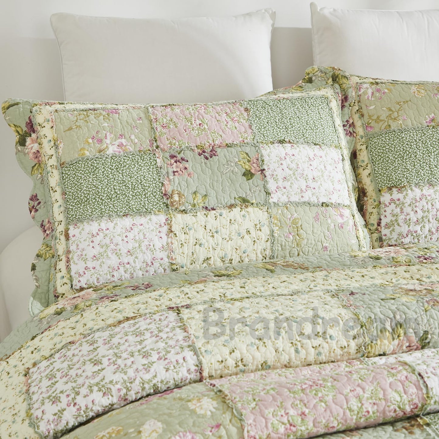 Brandream King Size Quilt Set Cotton Patchwork Quilts Green Rose Floral Quilted Comforter Set Country Rustic Coverlet Set 3-Piece