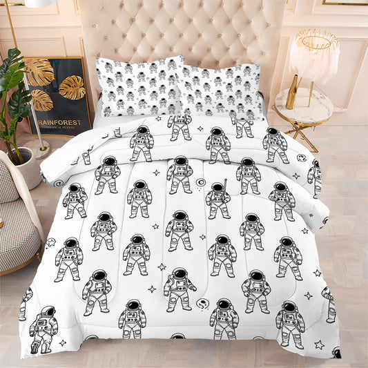 VTKON Black and White Astronaut 3Pcs Comforter Set for Boys, Queen Size Spaceman and Star Bedding Set, Line Print Galaxy Bed Sets for Kids Bedroom with 2 Pillowcases