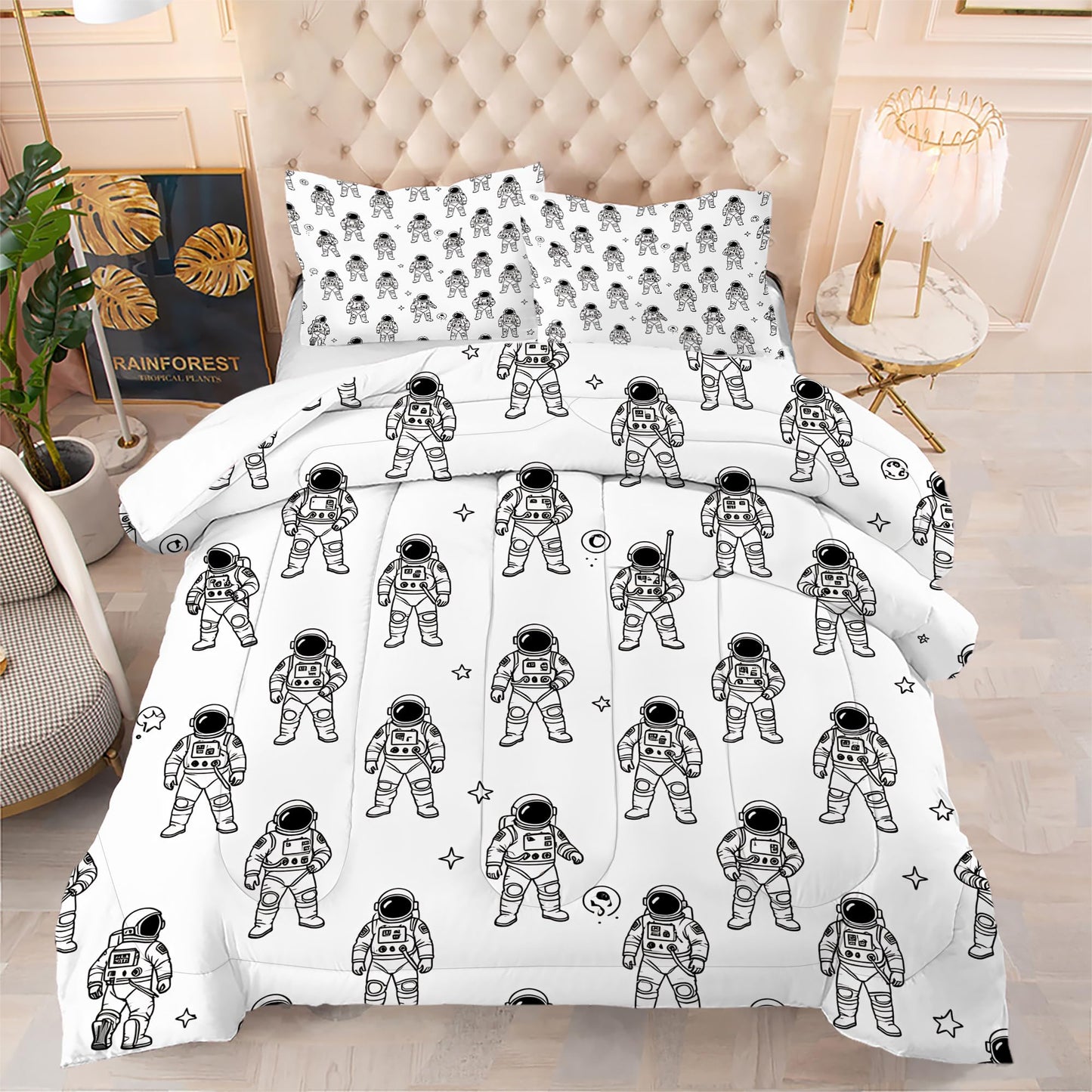 VTKON Black and White Astronaut 3Pcs Comforter Set for Boys, Full Size Spaceman and Star Bedding Set, Line Print Galaxy Bed Sets for Kids Bedroom with 2 Pillowcases
