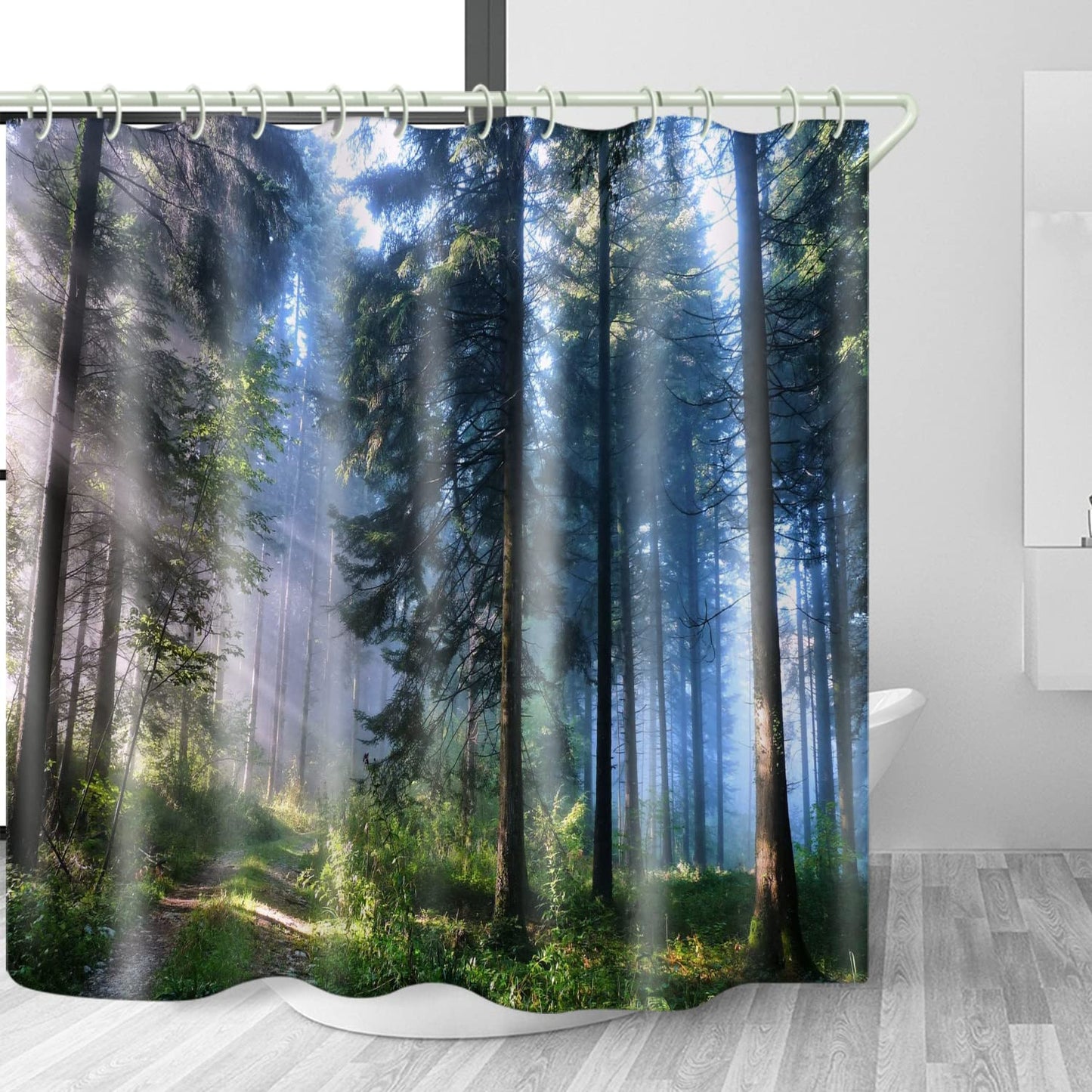 LYFANS Bathroom is Equipped with Mist Sunshine Forest 3D Shower Curtains, Deluxe Bathtub Standard Waterproof Shower Curtains, 12 White Hooks,59x71 Inch Washable Fabric Shower Curtain.
