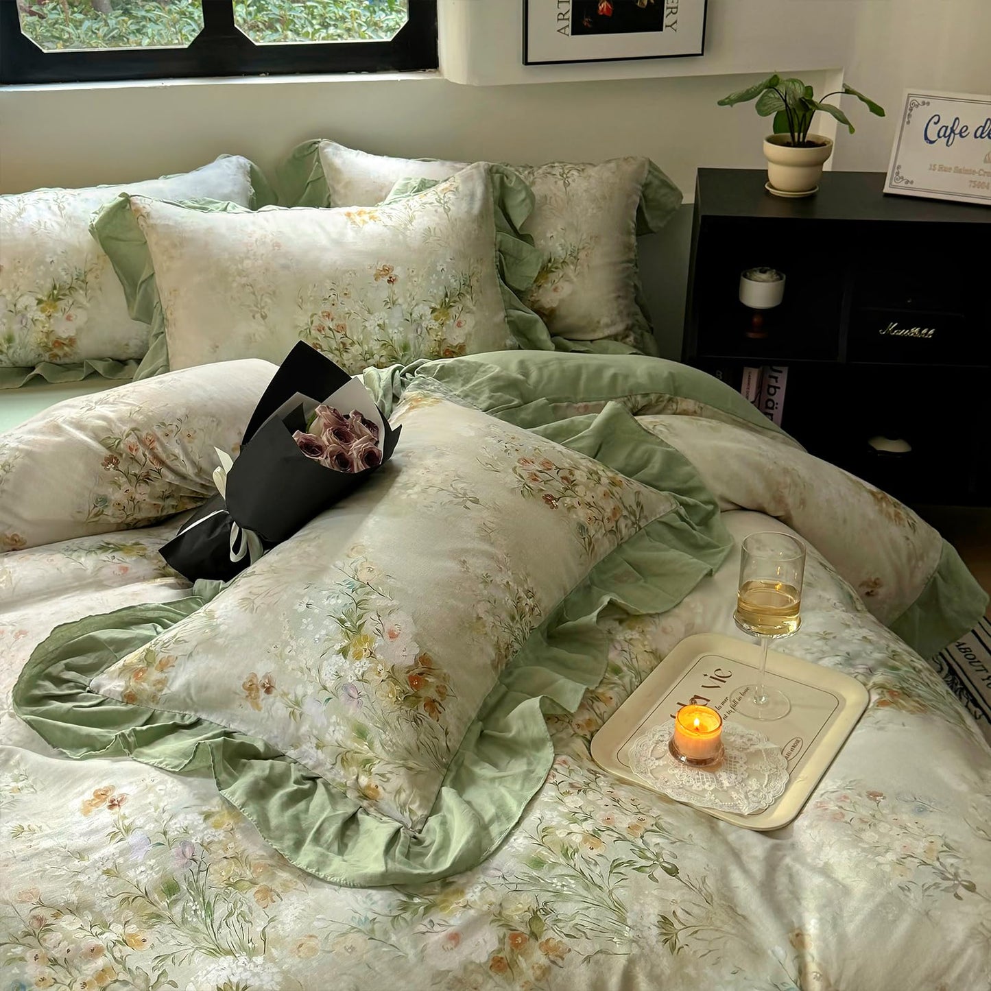 VM VOUGEMARKET Flower Duvet Cover Set, Sage Green Ruffled, Queen 90x90