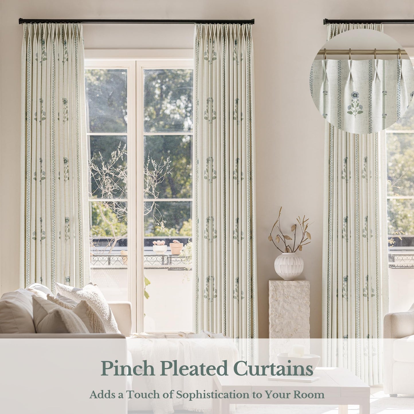 Pinch Pleated Curtains Luxury Light Filtering Floral Curtains for Living Room Bedroom Dining Room - 95 Inches Linen Drapes Farmhouse Window Curtains with Hooks - 2 Panels Set, 40" W x 95" L