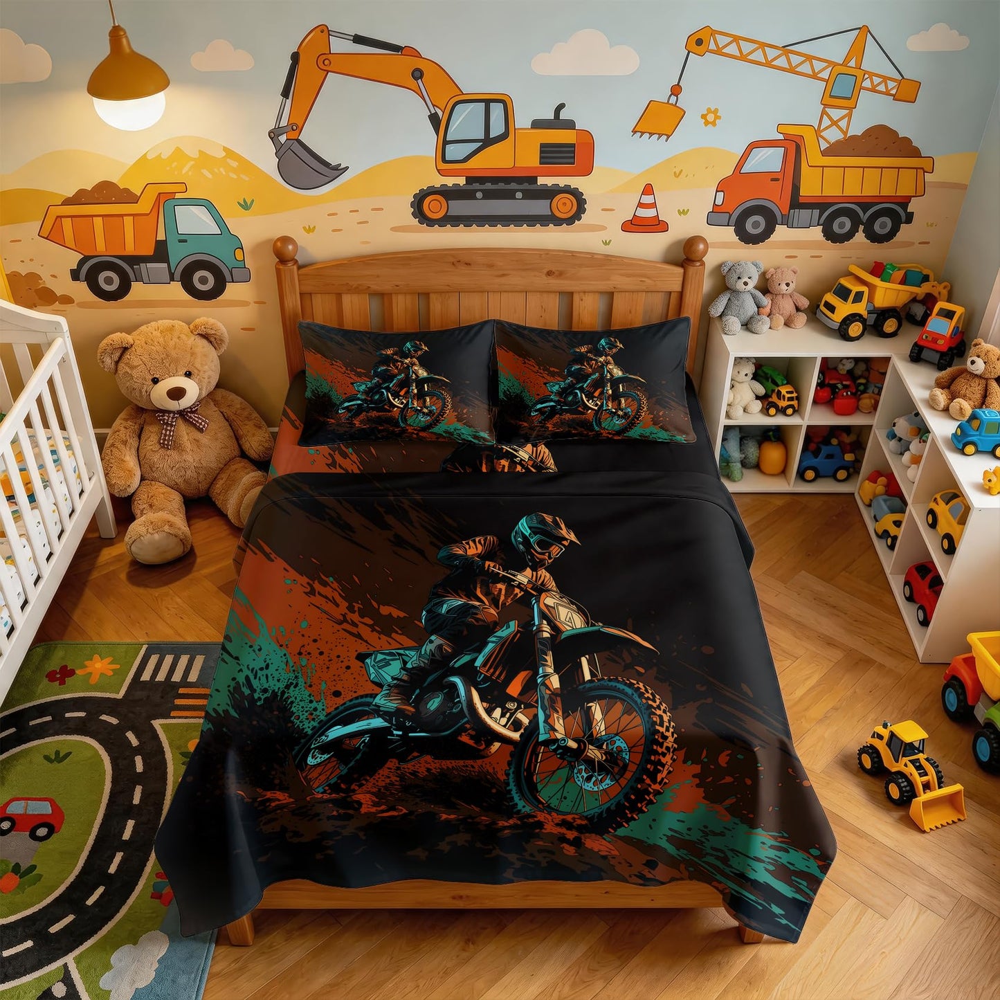 Dirt Bike Queen Sheet Set 4 Pcs Motocross Bed Sheets, Orange