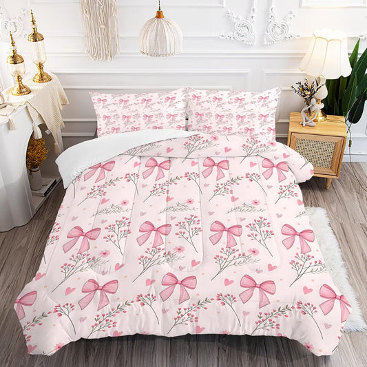 DJNEAR Pink Bow Comforter Set Twin Size Pink Floral Bedding Sets for Girls Kids Bedroom Romantic Princess Style Bowknot Quilt Room Decor 1 Comforter 1 Pillowcase