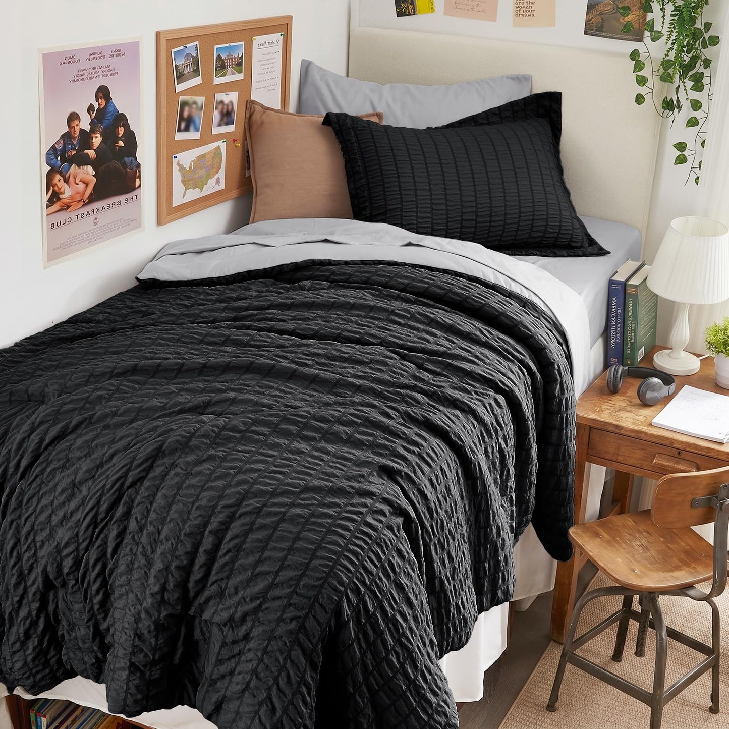 HYMOKEGE Black/Light Grey Twin Comforter Set Seersucker 5 Pieces, All Season Luxury Bed in a Bag for Bedroom, Bedding Set with Comforter, Sheets, Pillowcase & Sham