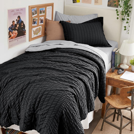 HYMOKEGE Black/Light Grey Twin Comforter Set Seersucker 5 Pieces, All Season Luxury Bed in a Bag for Bedroom, Bedding Set with Comforter, Sheets, Pillowcase & Sham